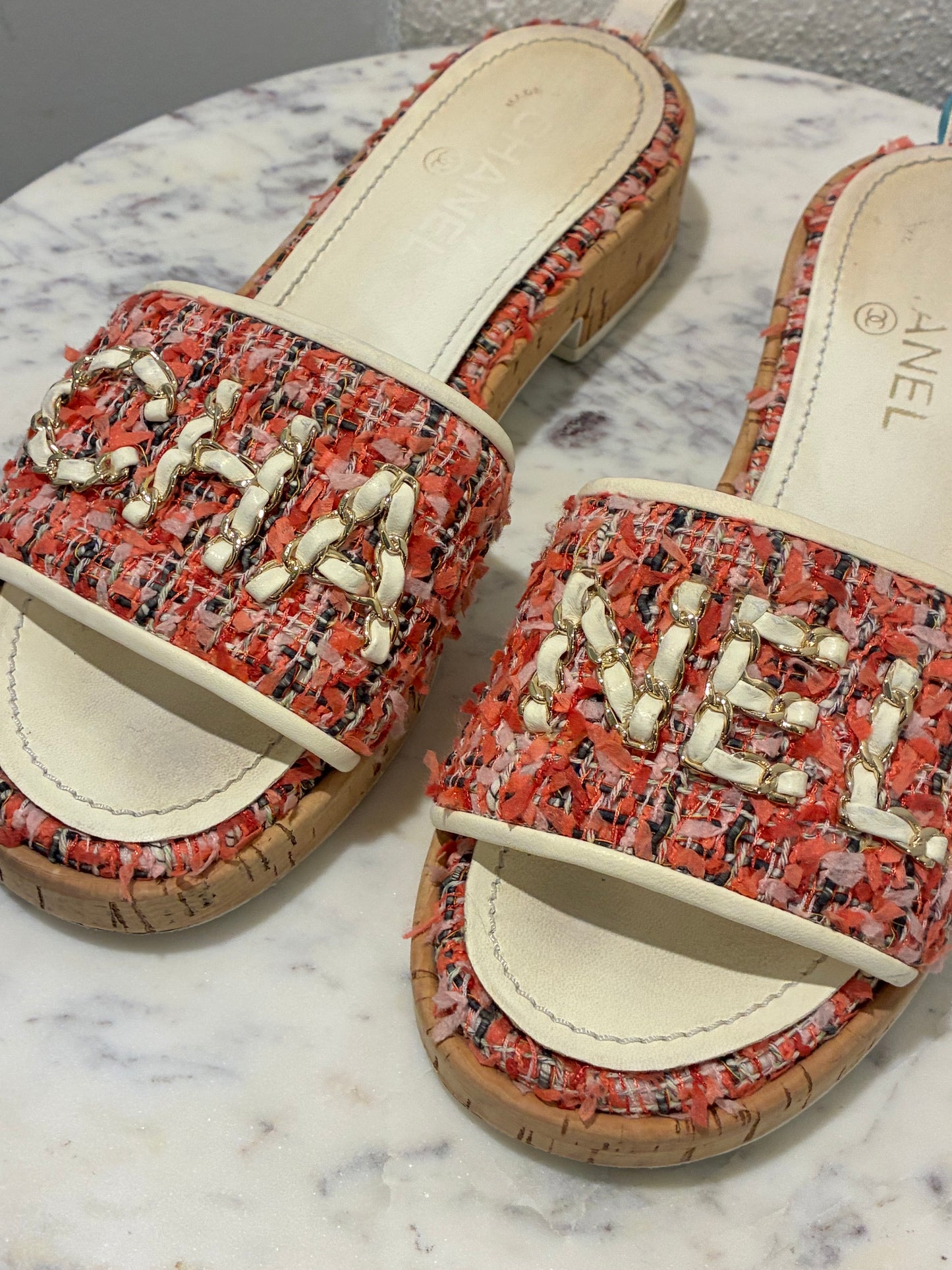 Chanel Tweed Mules – Pink with Chain Logo text – EU 40
