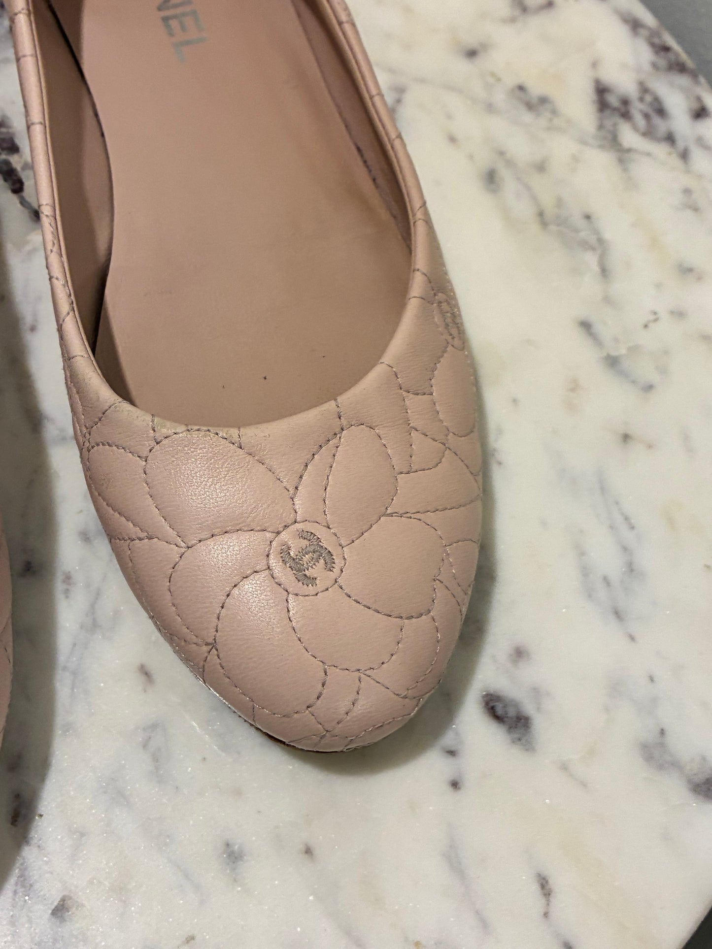 Chanel Ballerina Flats – Blush Leather with Camelia Print & Logos – EU 40.5