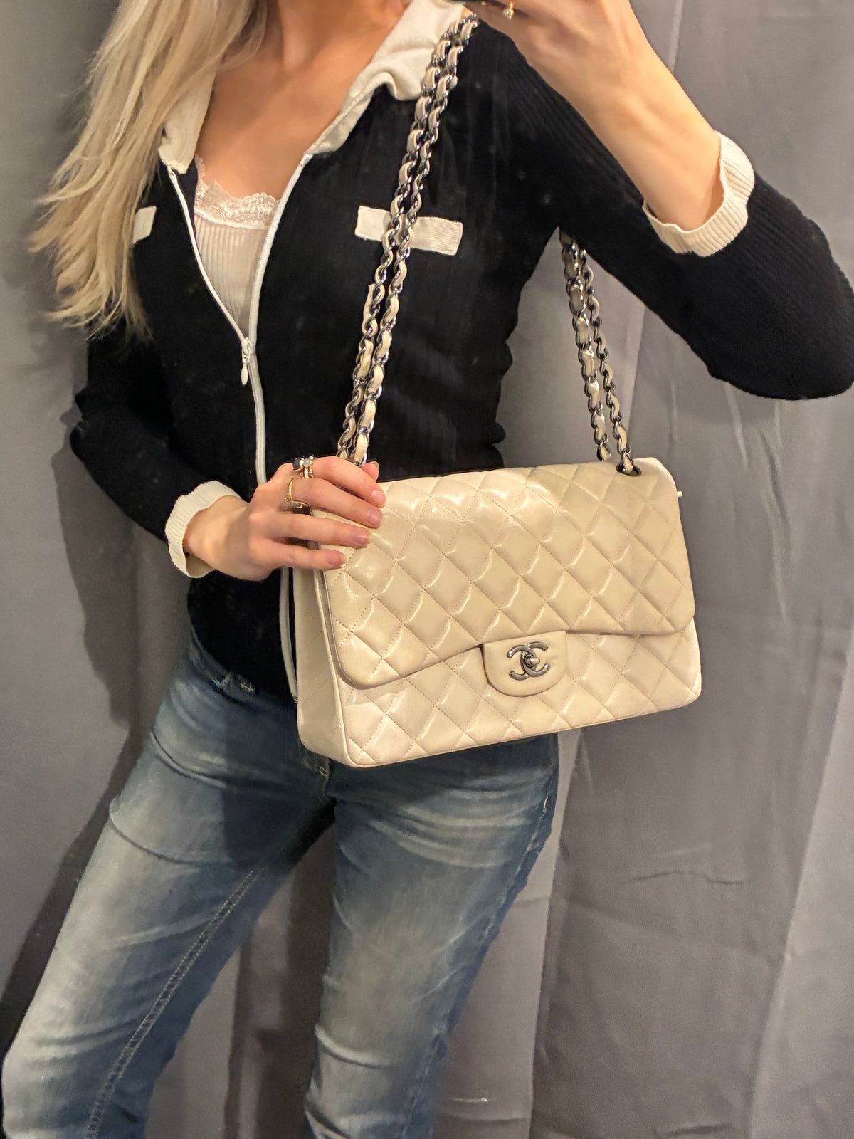 Chanel Classic Double Flap – Jumbo - Beige Lambskin & Dark Silver Hardware