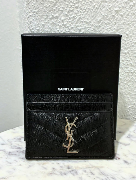 YSL Cardholder - Black Calfskin & Silver Logo