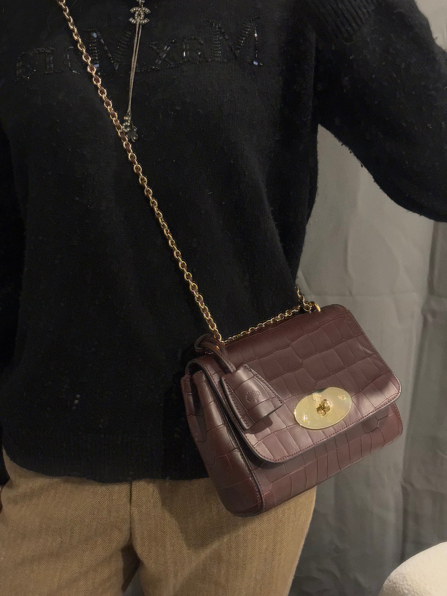 Mulberry Lily bag - Burgundy Crocodile-embossed leather & Gold Hardware