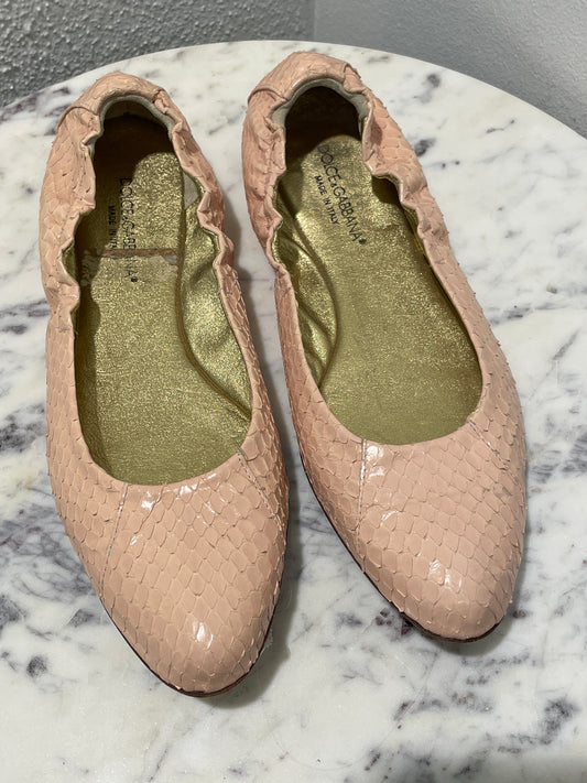 Dolce & Gabbana Pastel Pink Genuine Snakeskin Ballet Flats with Gold Insoles - EU38,5