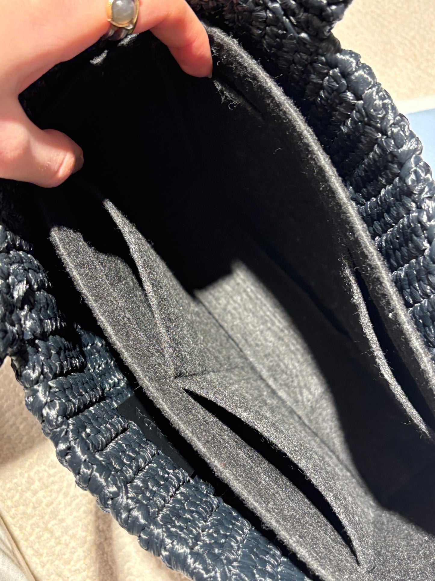 Prada Raffia Tote – Black with White Logo Text