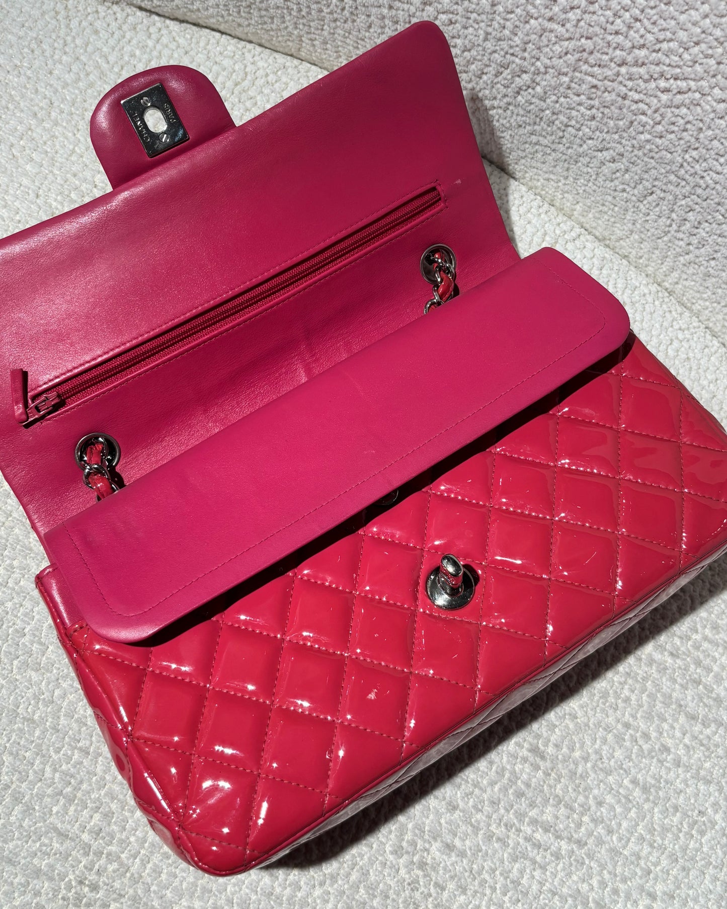 Chanel Flap Bag - Raspberry Patent Leather & Silver Hardware