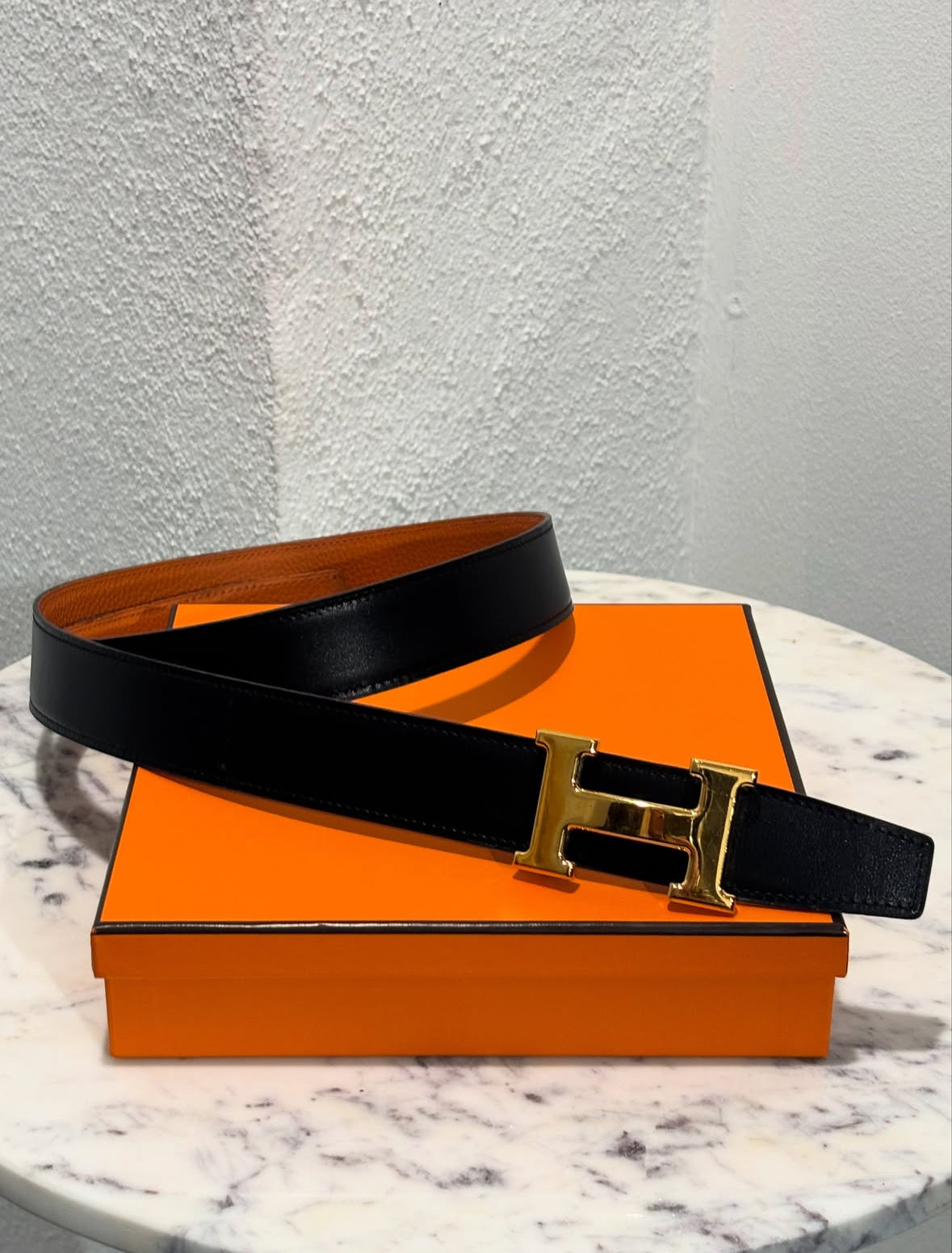 Hermès Belt – Reversible Leather in Black & Orange - Size 85