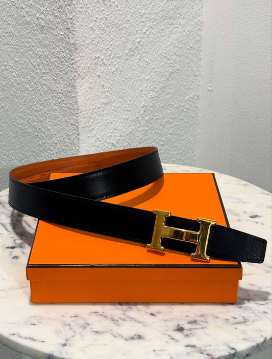 Hermès Belt – Reversible Leather in Black & Orange - Size 85