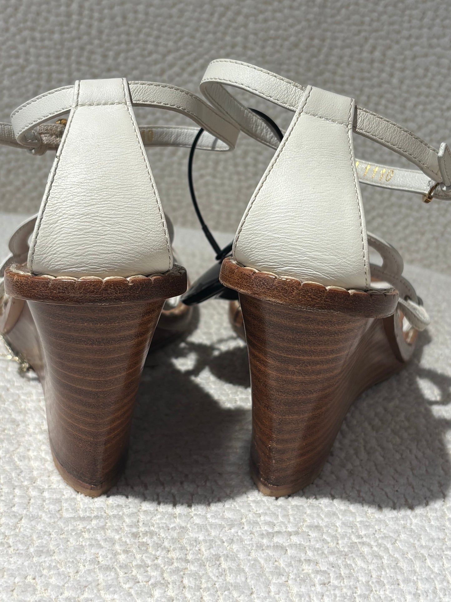 Louis Vuitton Wedge Sandals – White Leather with Flower Detail