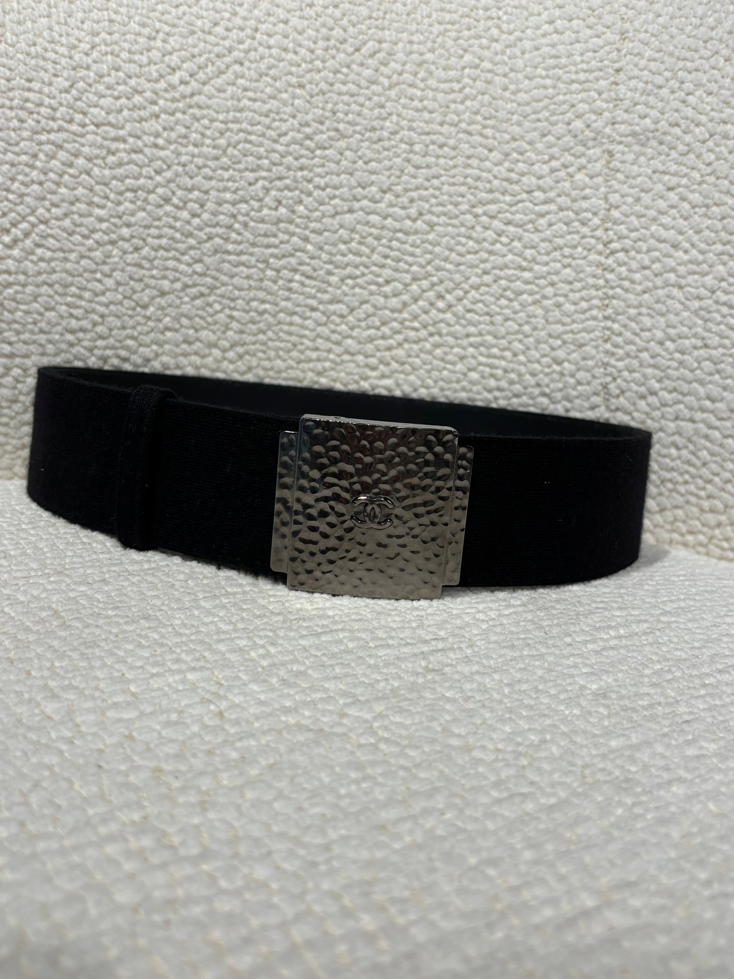 Chanel Belt – Black Canvas with Hammered Silver CC Buckle