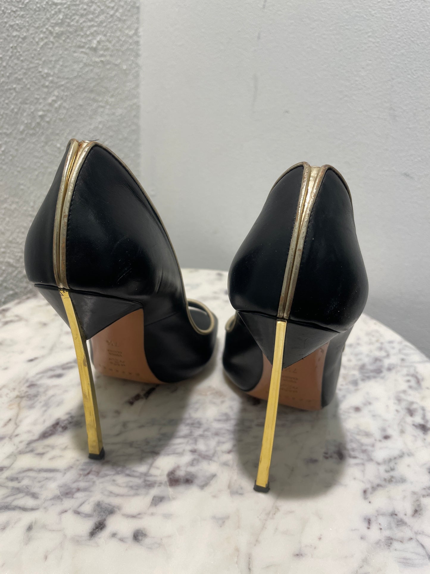 Casadei Black Leather 'Blade' Peep-Toe Pumps with Gold Trim & Heel - 37,5