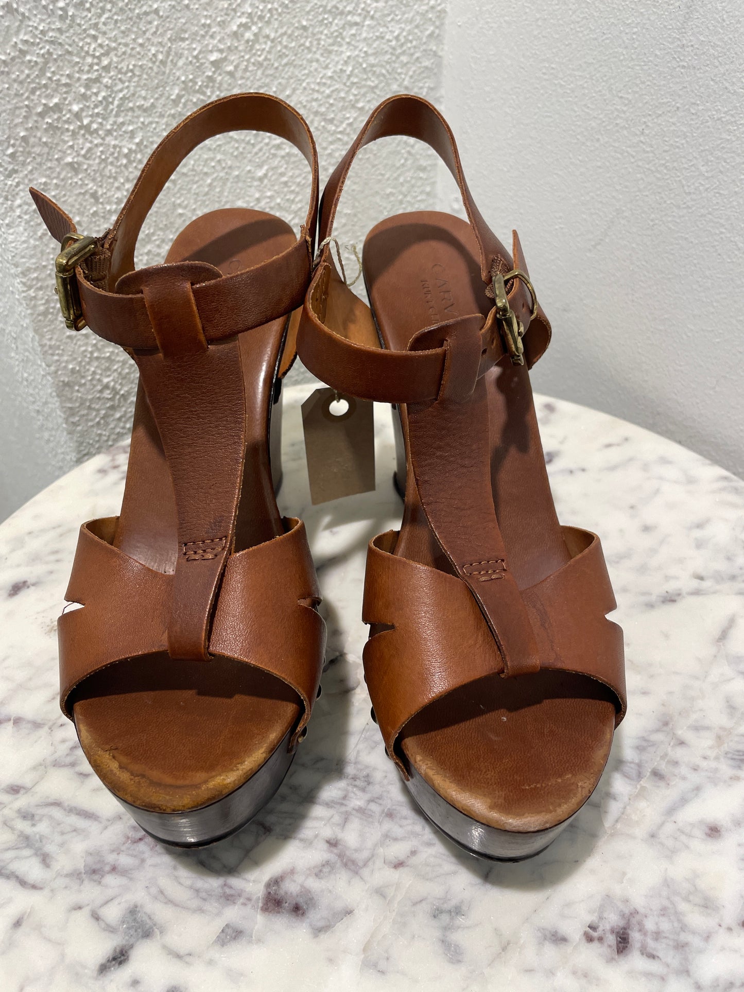 Carvela Kurt Geiger 'Katey' Tan Brown Leather Platform Wedge Sandals - 39