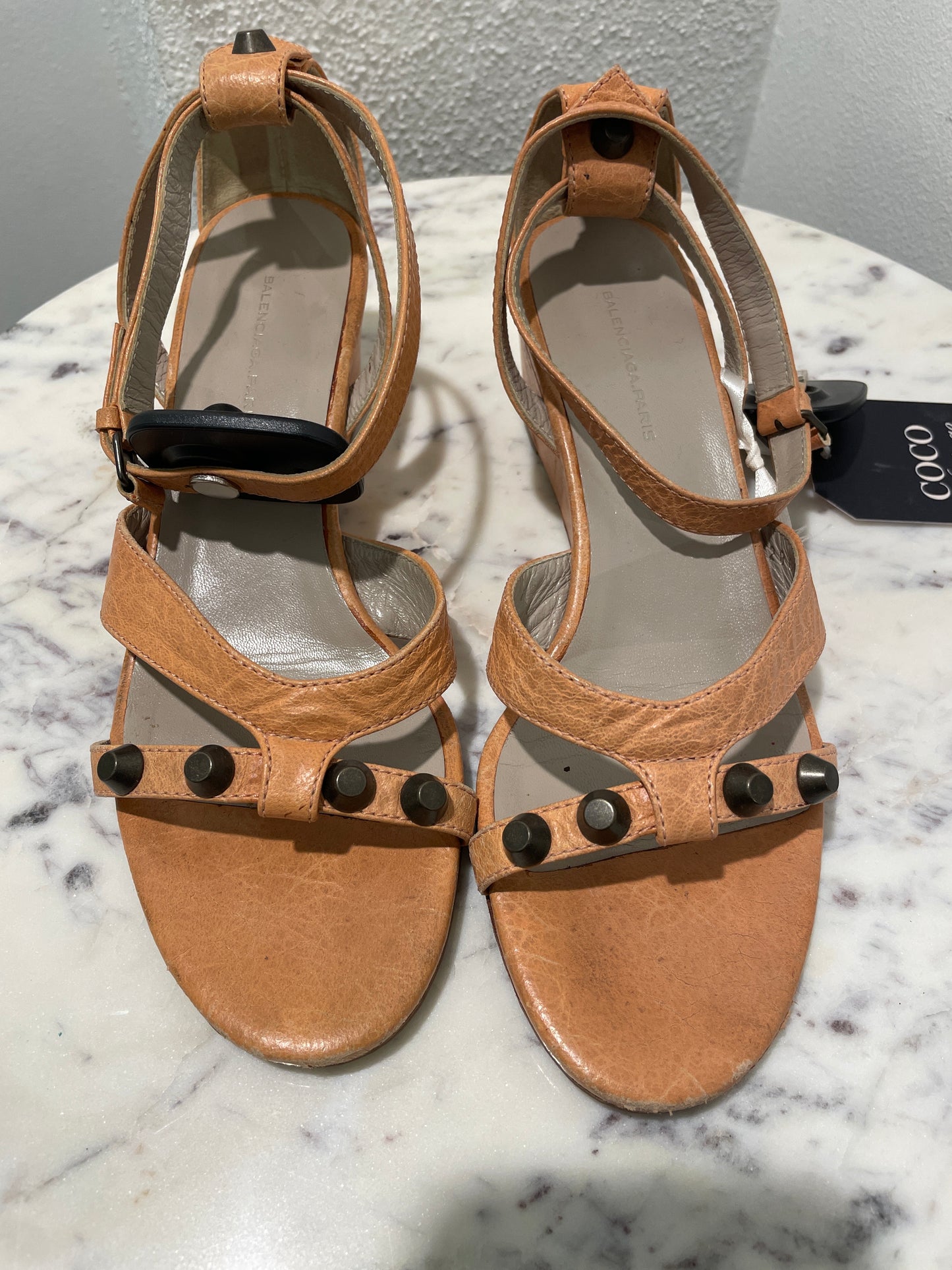 Authentic Balenciaga Arena Leather Giant Studded Wedge Sandals - 37