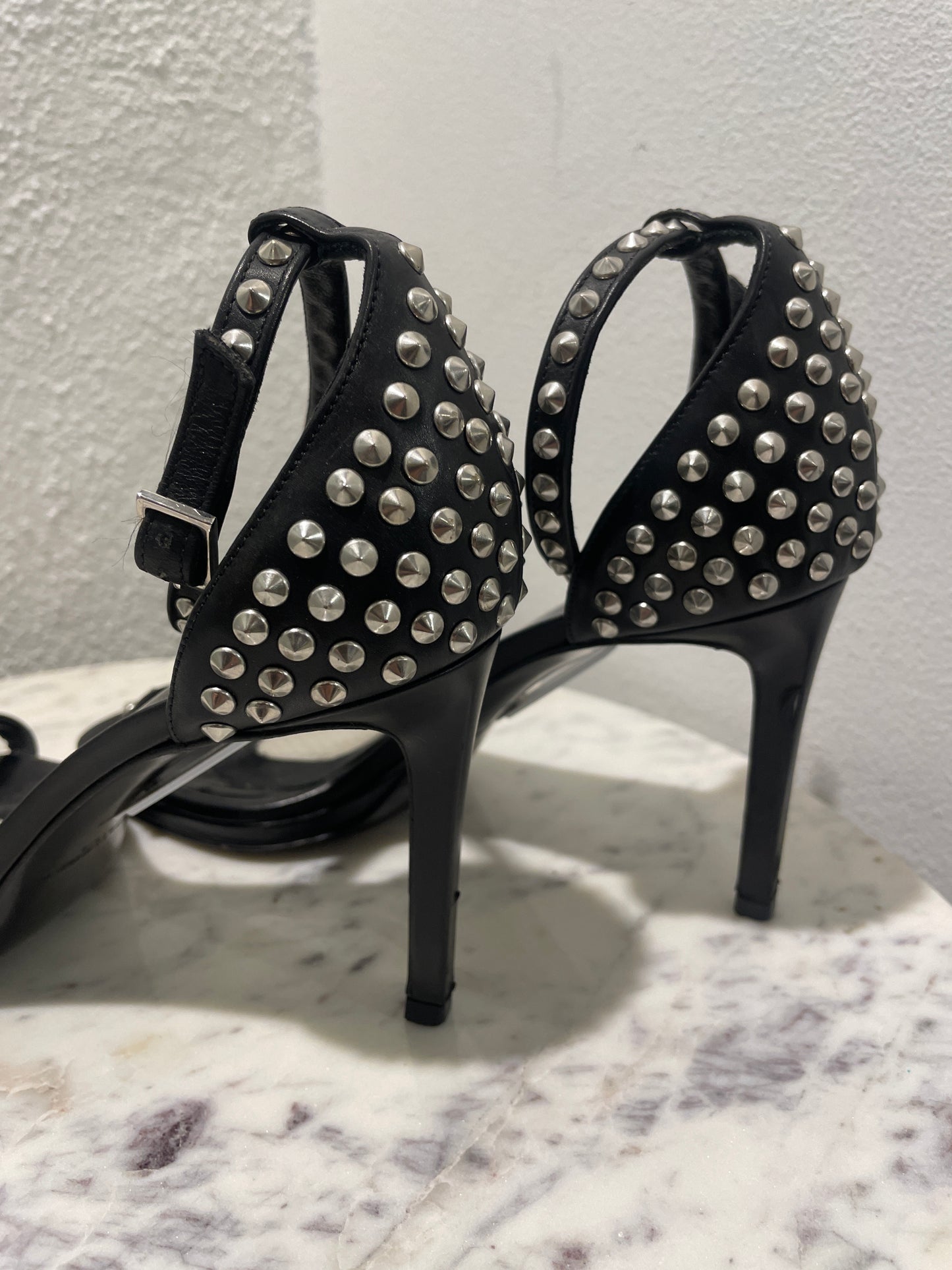 Saint Laurent YSL Janis Black Leather Studded Ankle Strap Sandals - 36