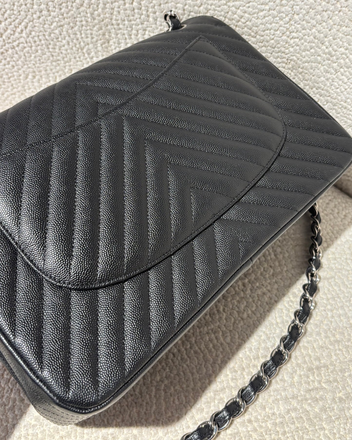 Chanel Classic Flap Bag Chevron - Jumbo - Black Caviar & Silver Hardware