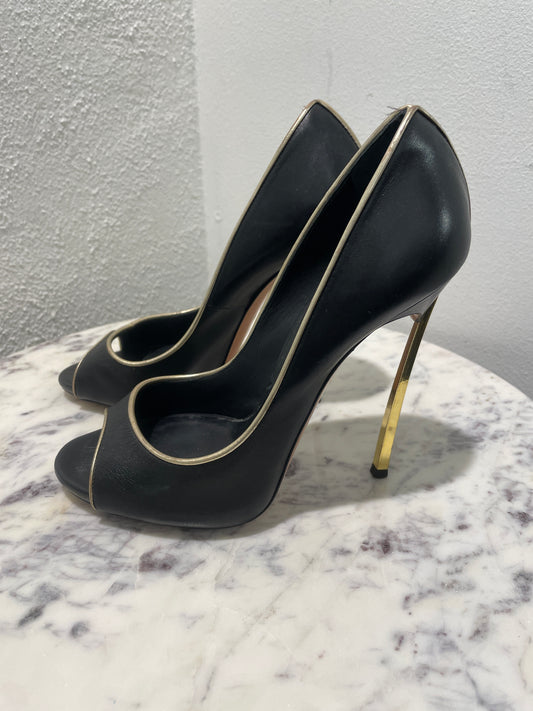 Casadei Black Leather 'Blade' Peep-Toe Pumps with Gold Trim & Heel - 37,5