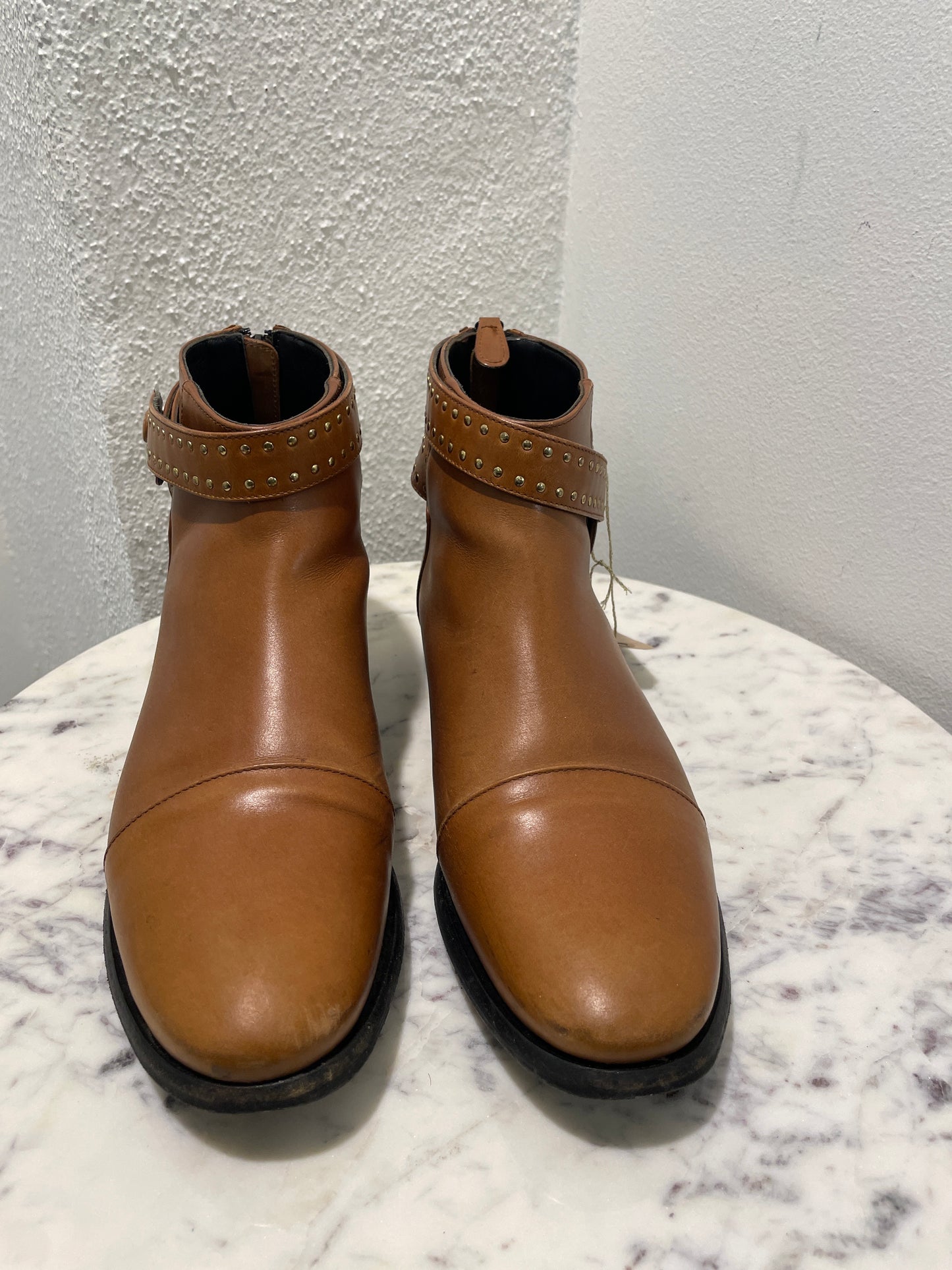 Vintage Balenciaga Cognac Tan Leather Studded Ankle Boots - 37,5