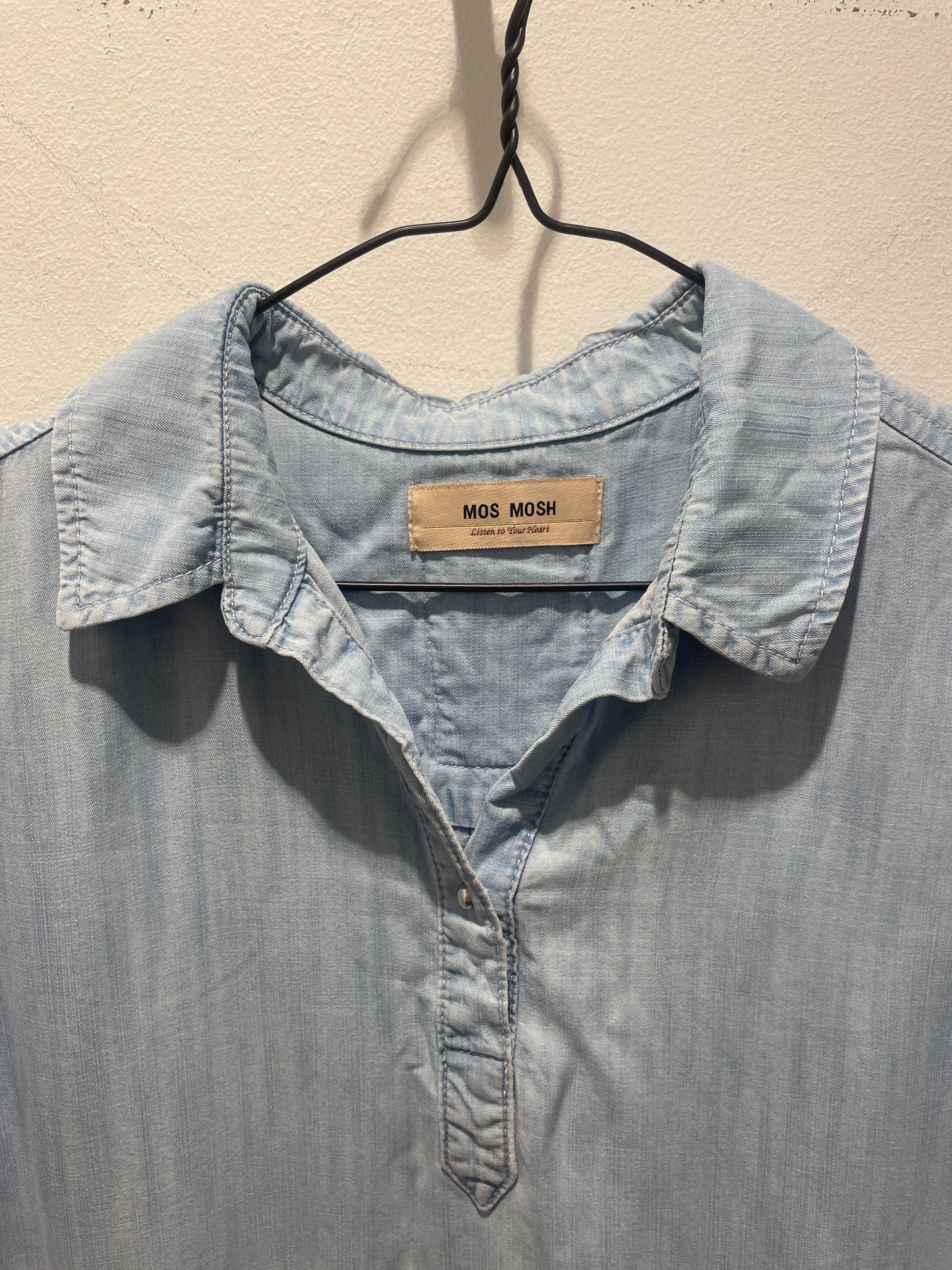 Mos Mosh dress – Light blue tencel shirtdress with embroidered back detail - S