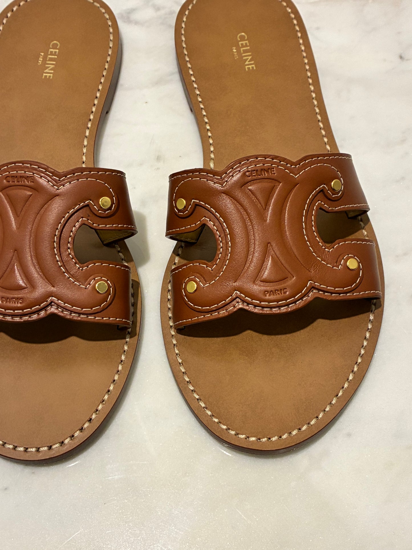 Celine Triomphe Sandals
 – Tan Leather - Size 40