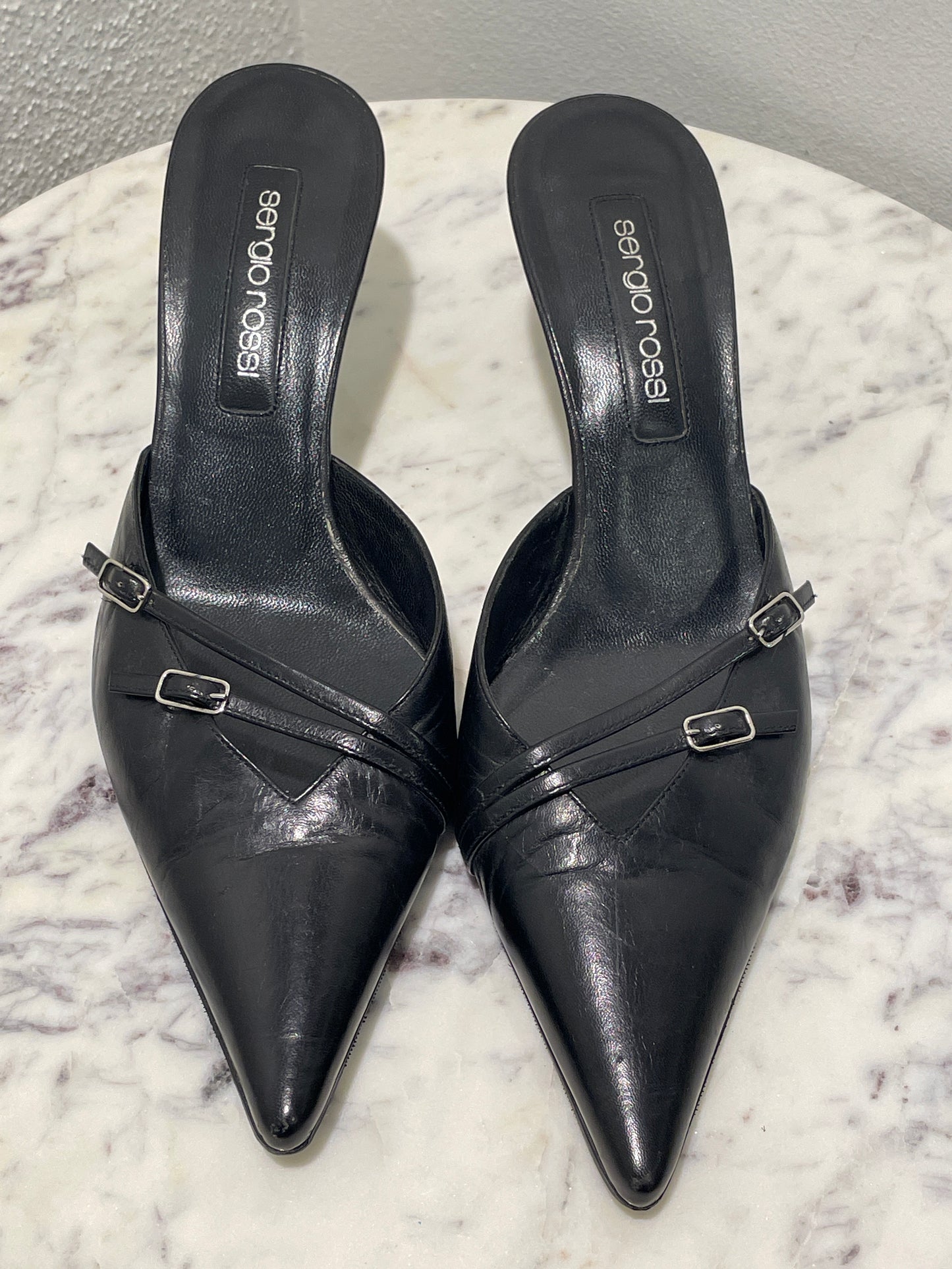 Vintage Sergio Rossi Black Leather Pointed-Toe Mules / Kitten Heels - 39