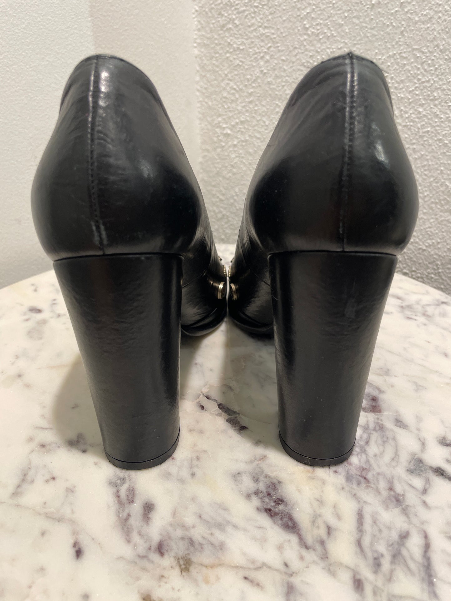 Chanel Heels – Rare in Black Leather & Gold Medallion Symbols - EU 40C