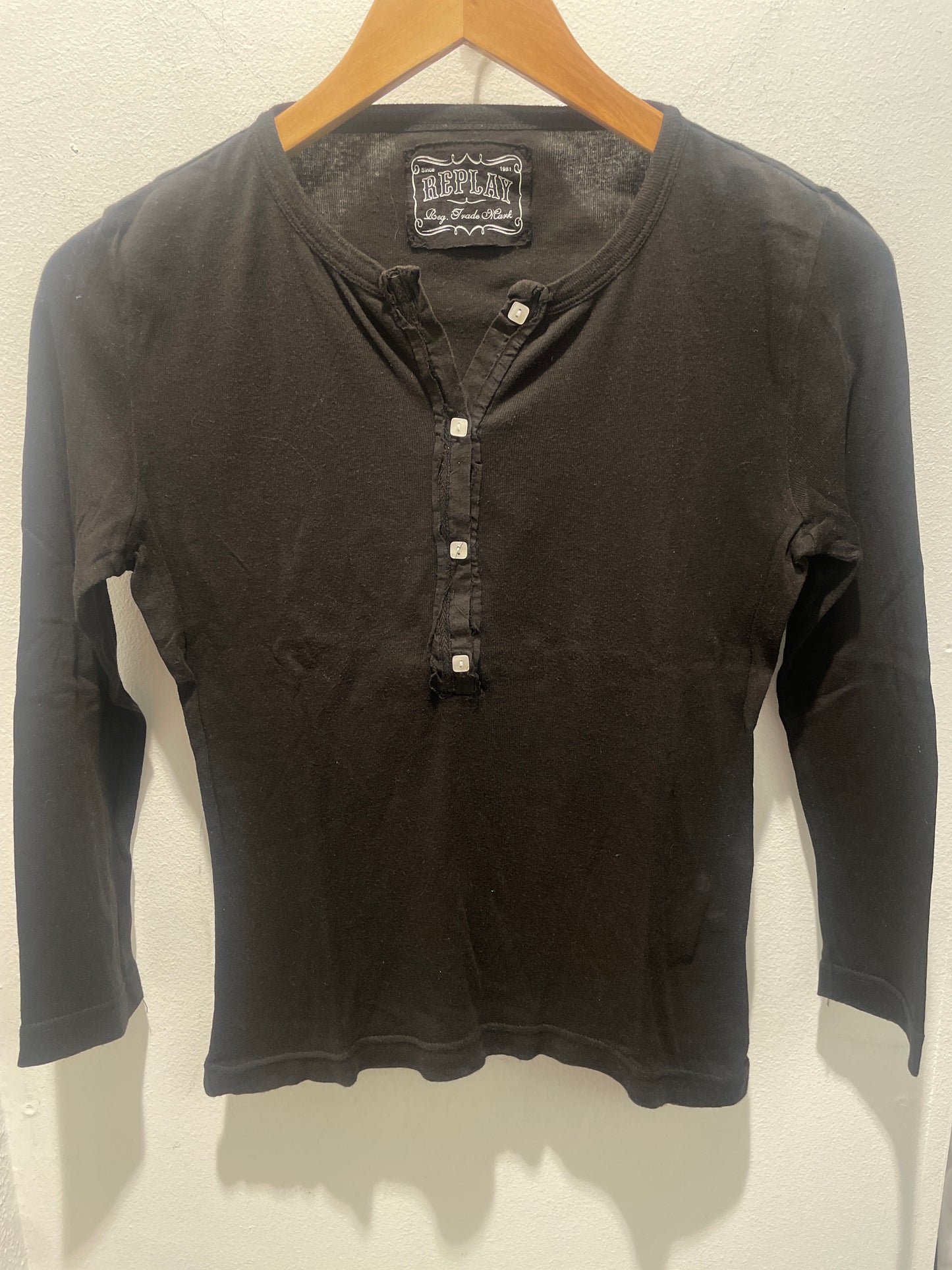 Replay Black Long-Sleeve Henley Top - XS/S