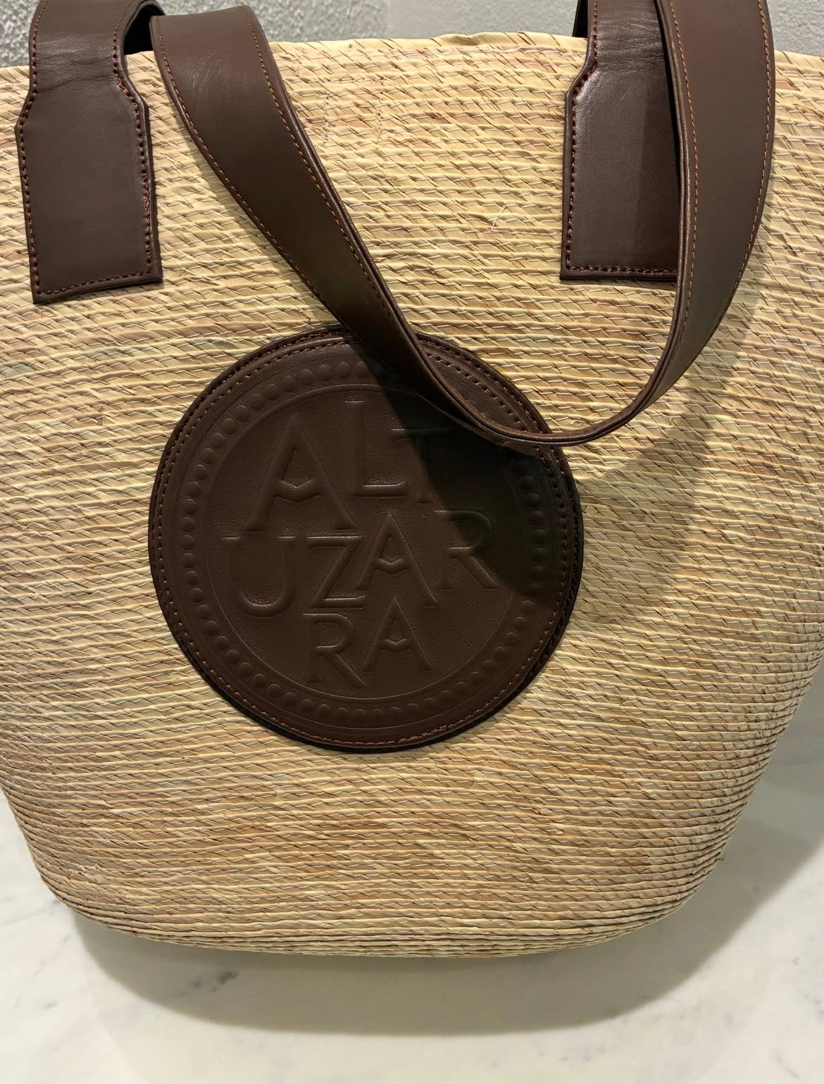 Altuzarra Raffia Tote – Raffia with Brown Logo Text