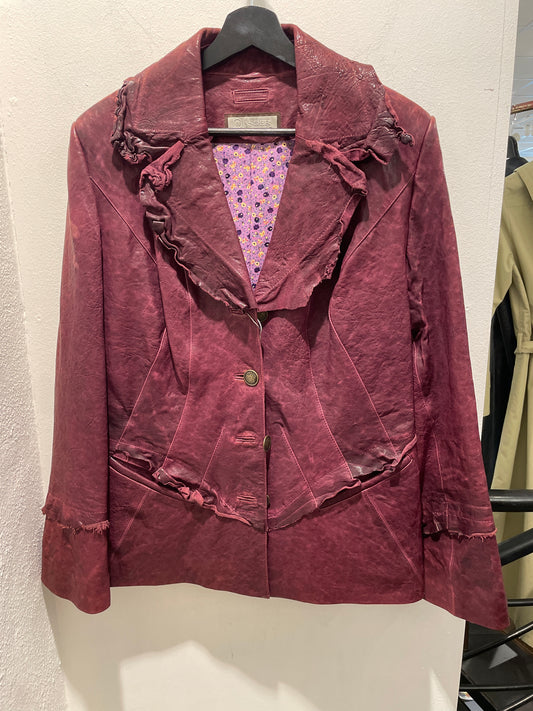High-End Vintage-Look Distressed Burgundy Leather Blazer - XL