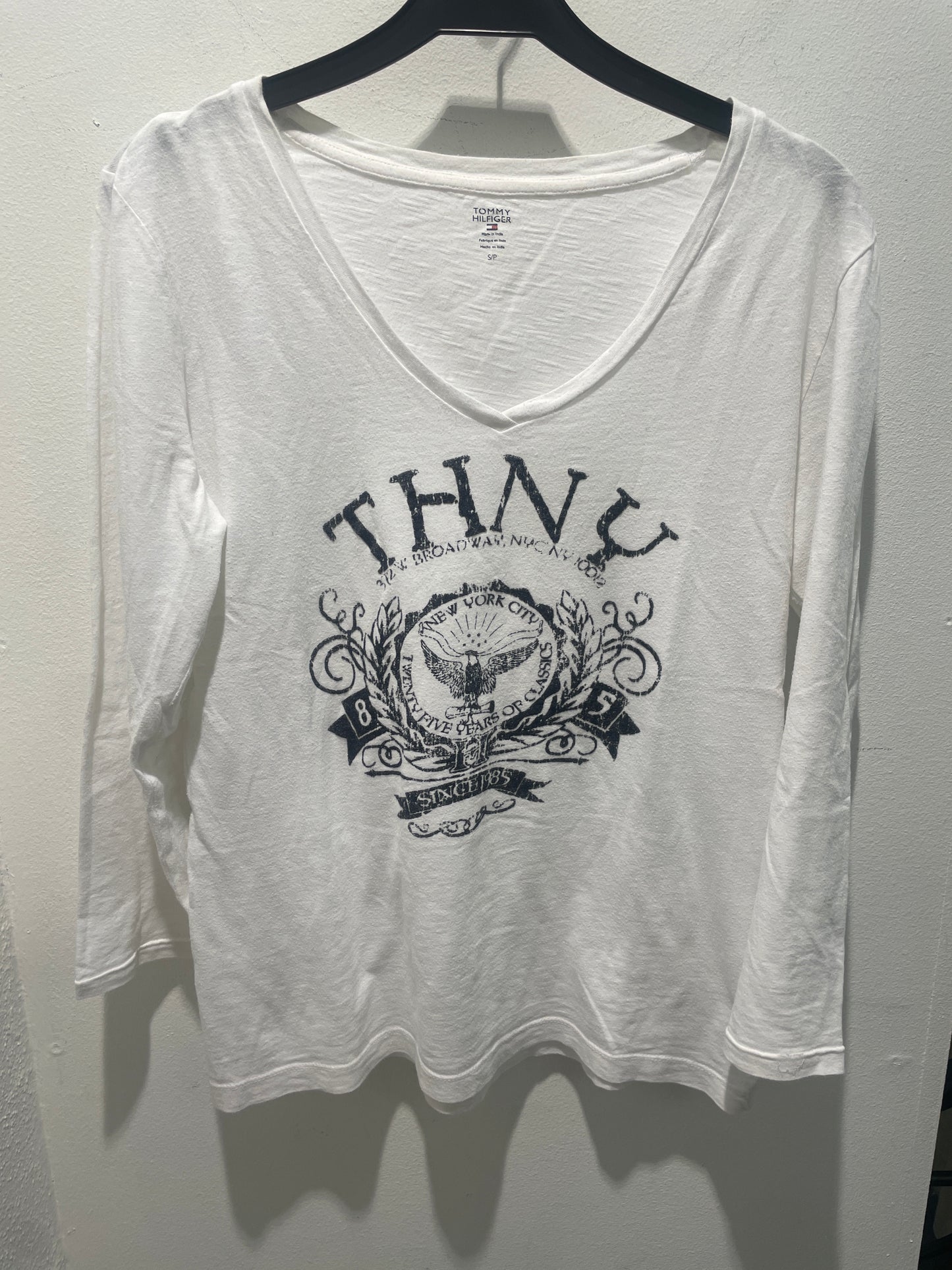 Tommy Hilfiger White V-Neck Long-Sleeve Shirt with Graphic Print - S