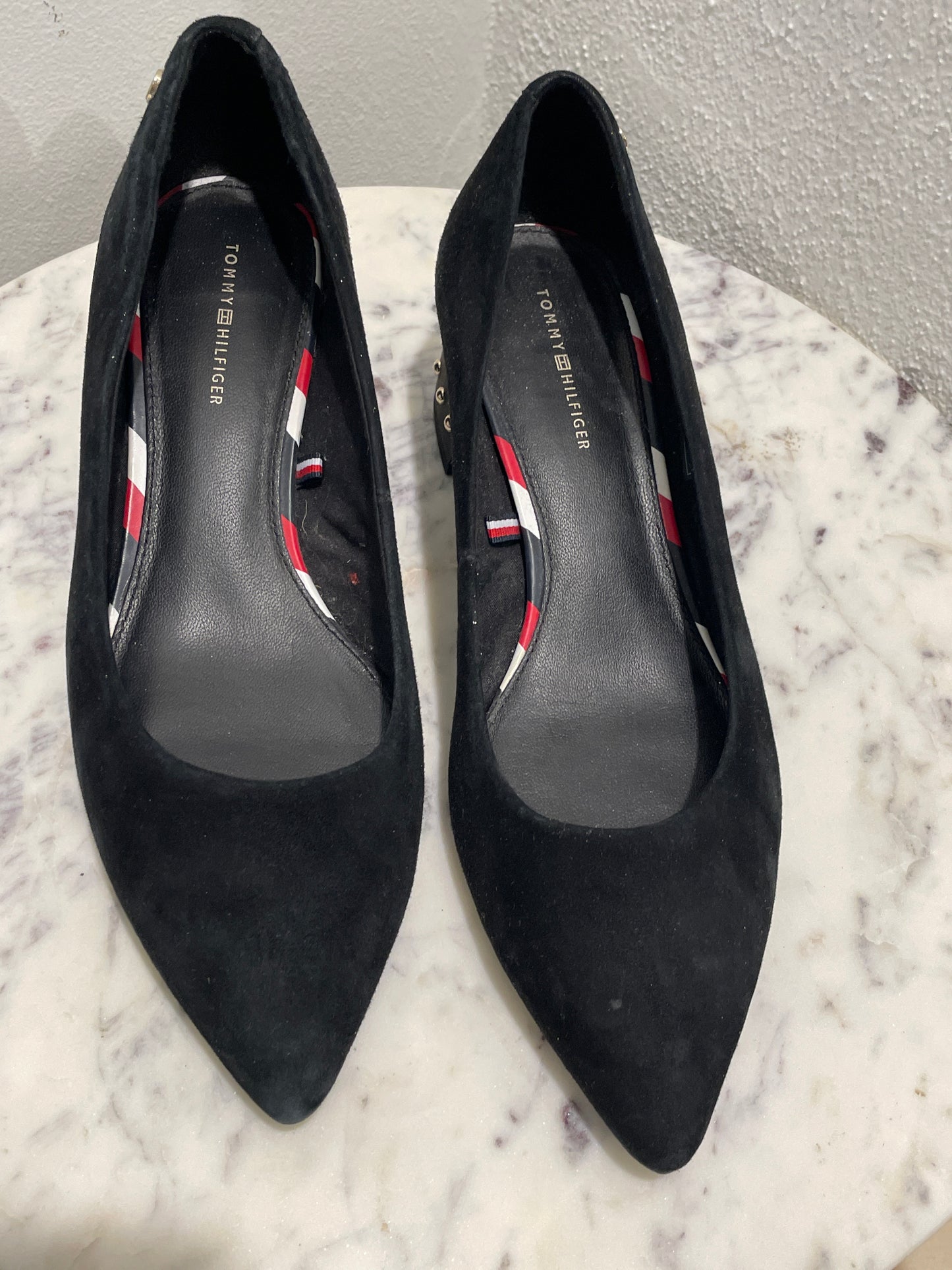 Tommy Hilfiger Round Stud Suede Block Heel Pumps – Black - 40