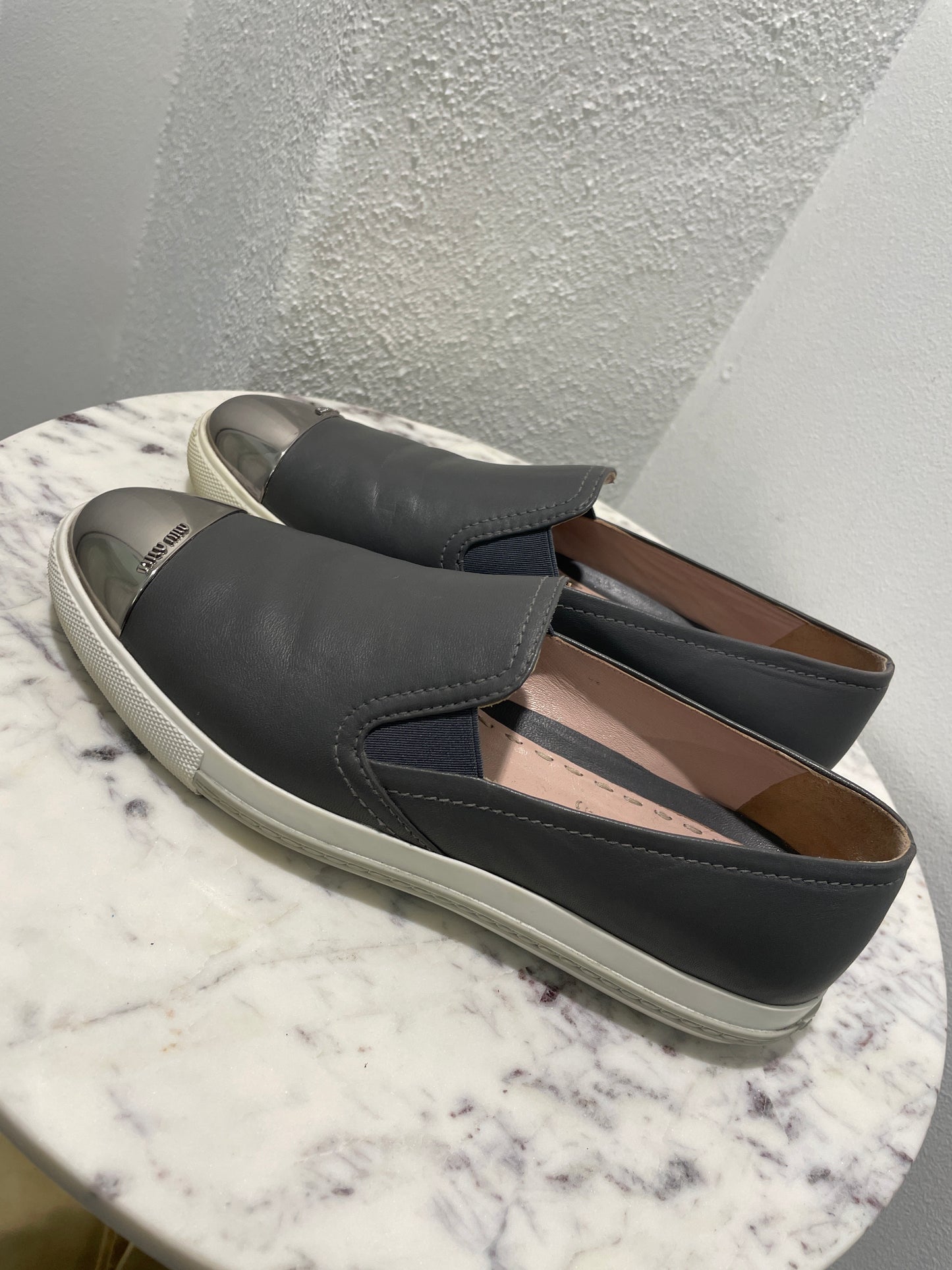 Authentic Miu Miu Grey Leather Metal Cap-Toe Slip-On Sneakers - 39