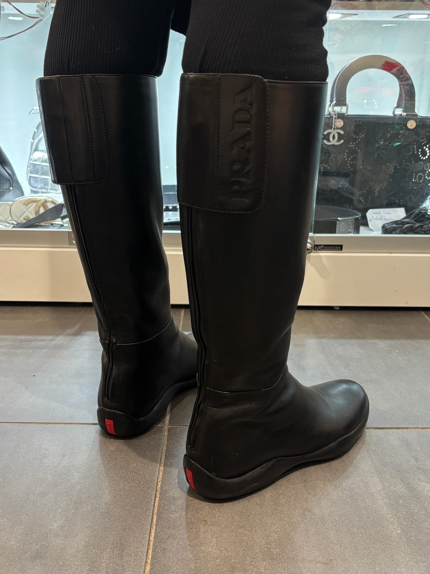 Prada Knee-High Boots - Black Leather & Embossed Logo - EU 39.5