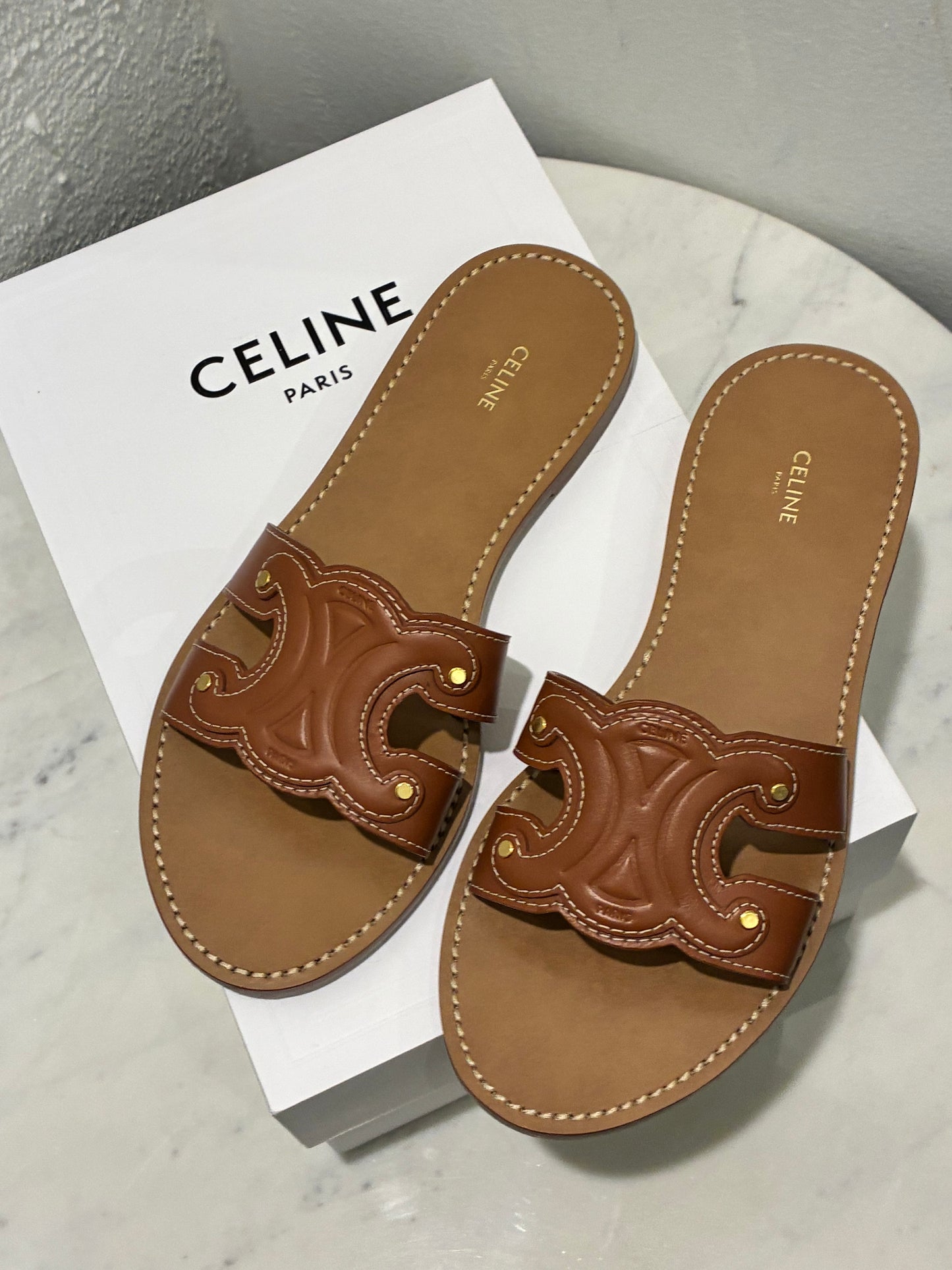 Celine Triomphe Sandals
 – Tan Leather - Size 40