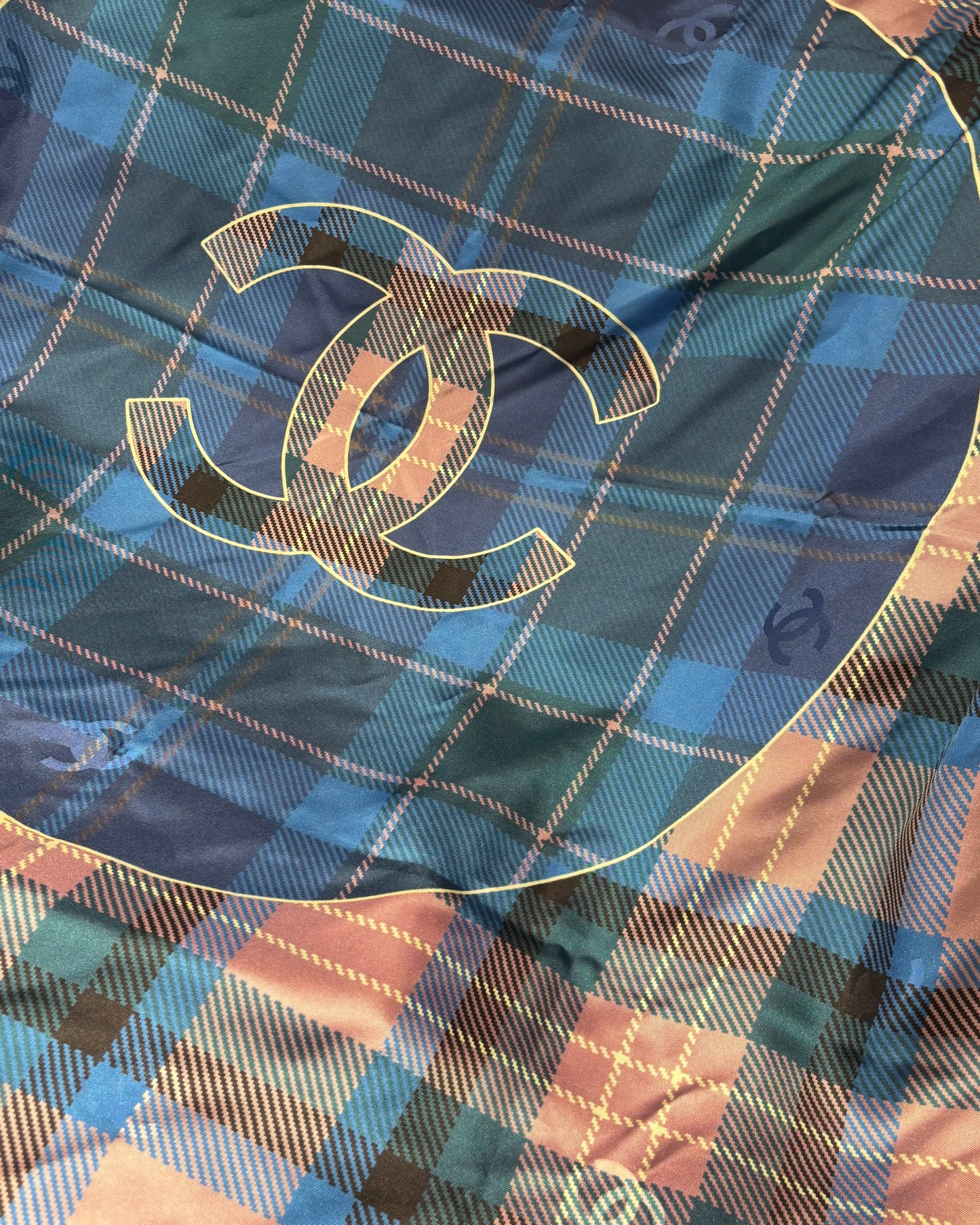Chanel Scarf - Silk - Blue, Purple & Pink Plaid with Logos