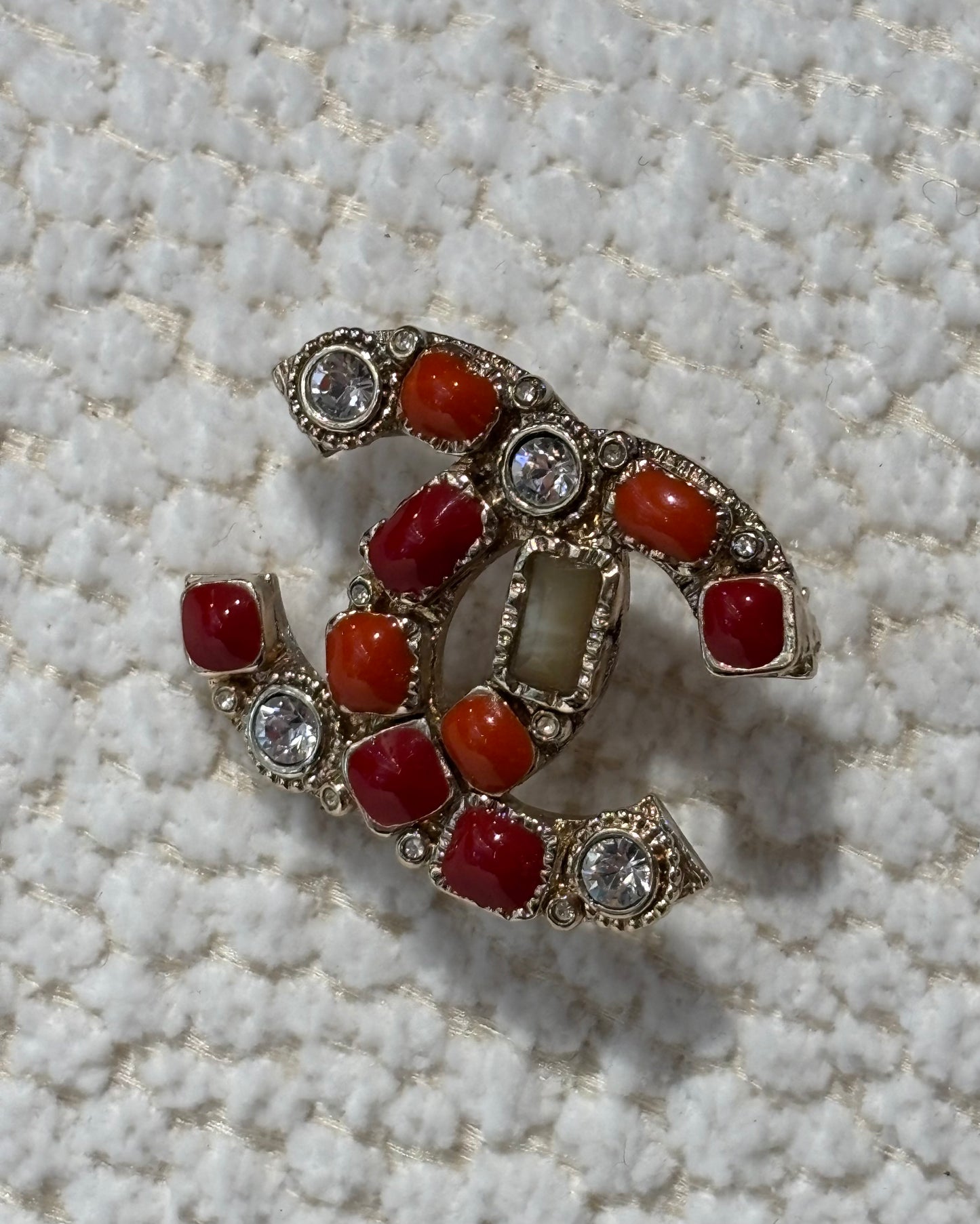 Chanel Brooch - Unique CC with Orange/Red Stones