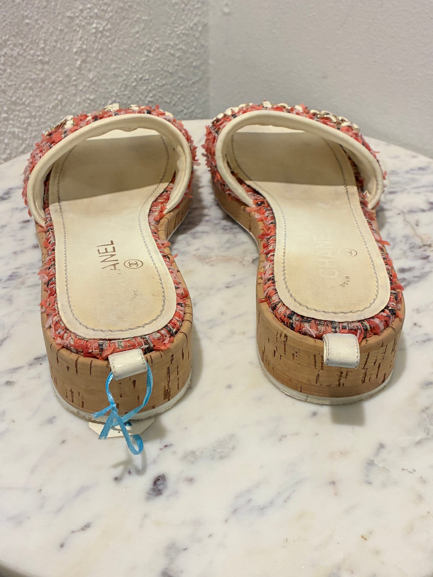 Chanel Tweed Mules – Pink with Chain Logo text – EU 40