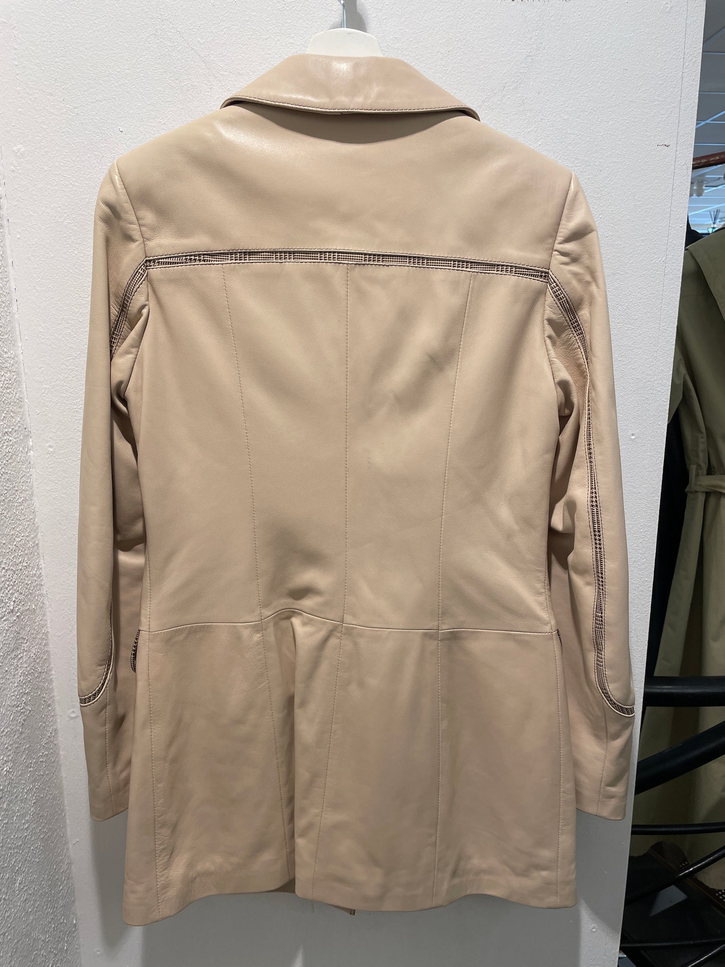 Brand New Beige Structured Leather Coat With Houndstooth Details - M