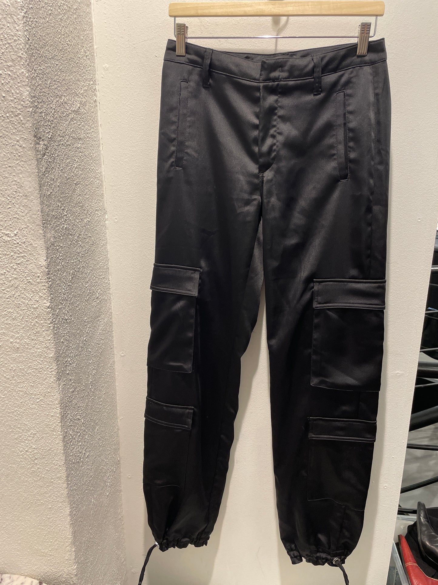 Dondup Satin Cargo Trousers with Adjustable Drawstring Hem – Black – Size W27