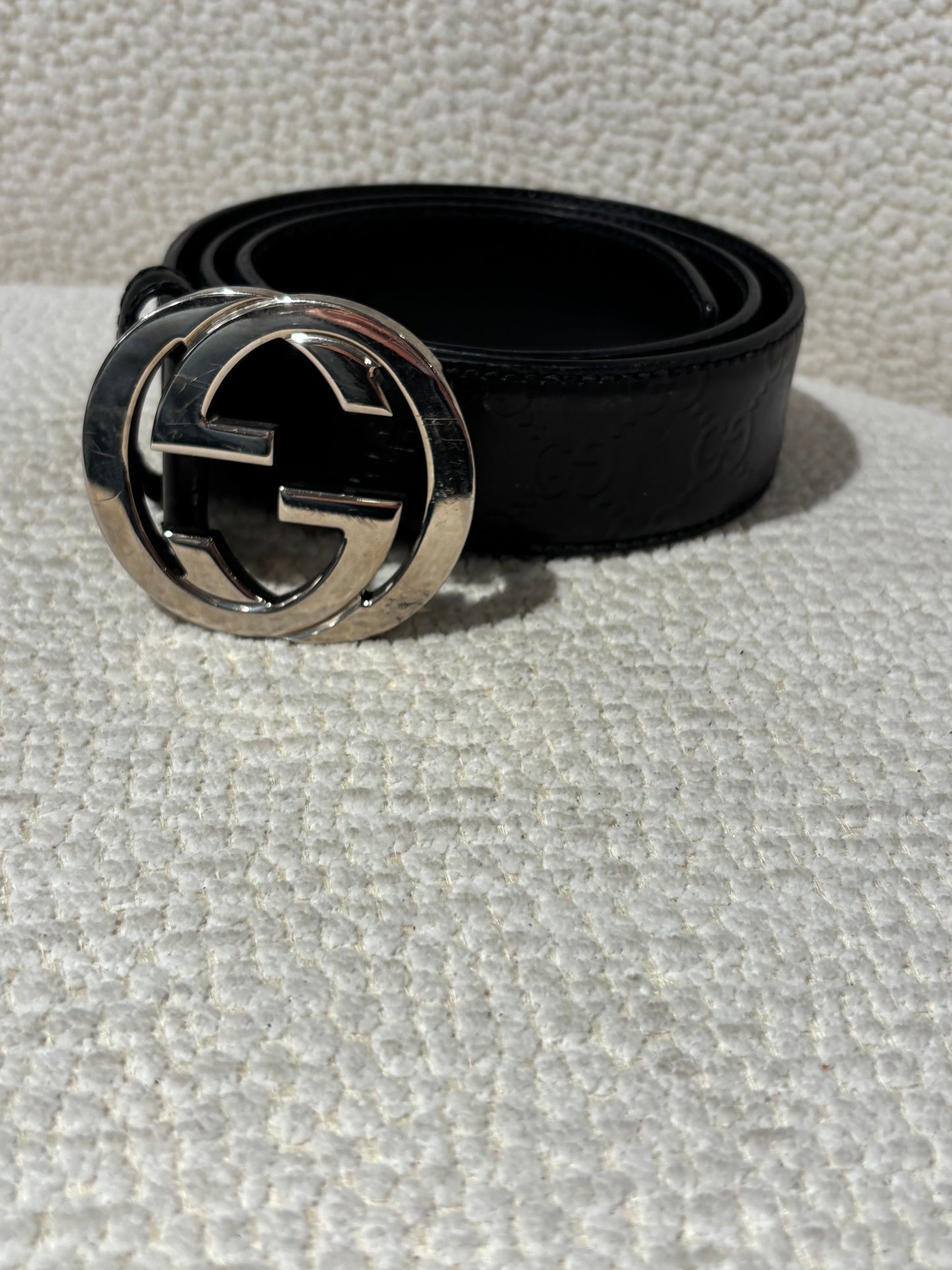 Gucci Belt - Black Leather Monogram & Silver Logo Buckle