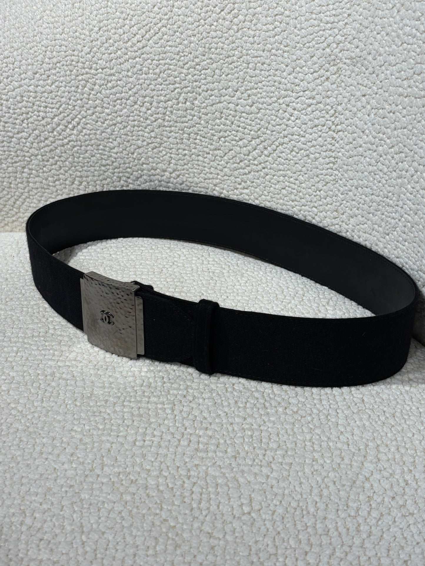 Chanel Belt – Black Canvas with Hammered Silver CC Buckle