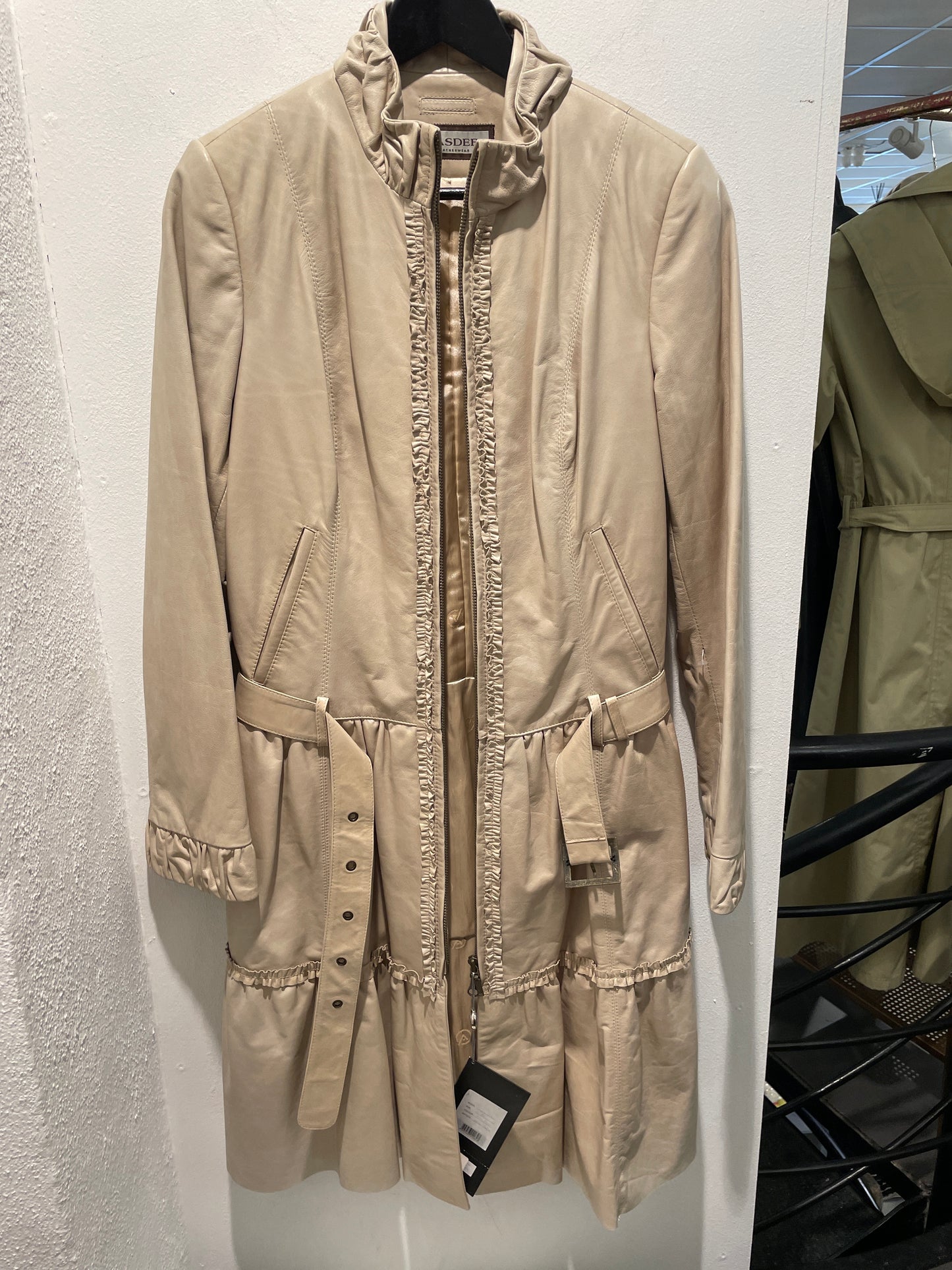 Brand New Beige Soft Leather Ruffled Trench Coat - M