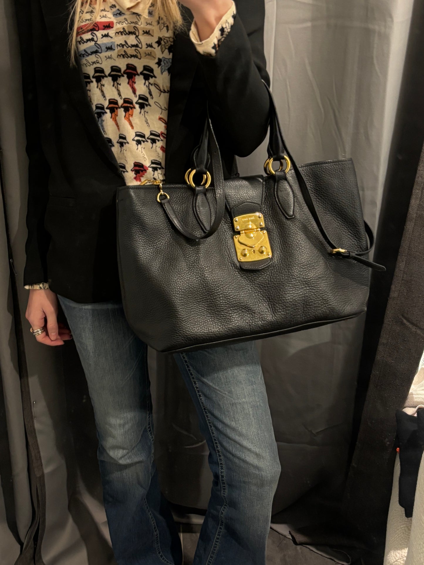 Miu Miu - Vitello Caribu Tote - Black Leather & Gold Hardware