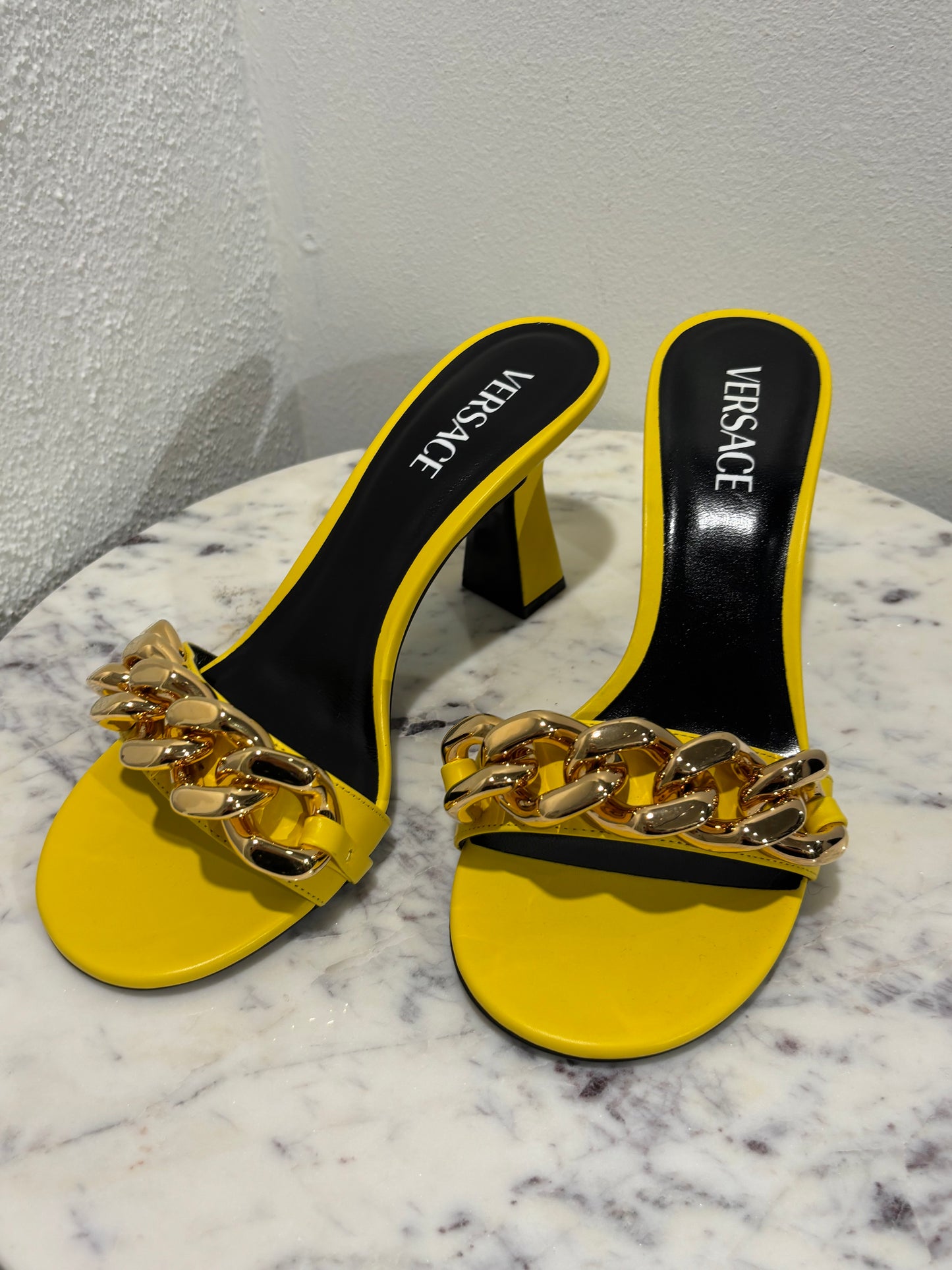 Versace Heeled Sandals - Yellow With Gold Chain - Size 40