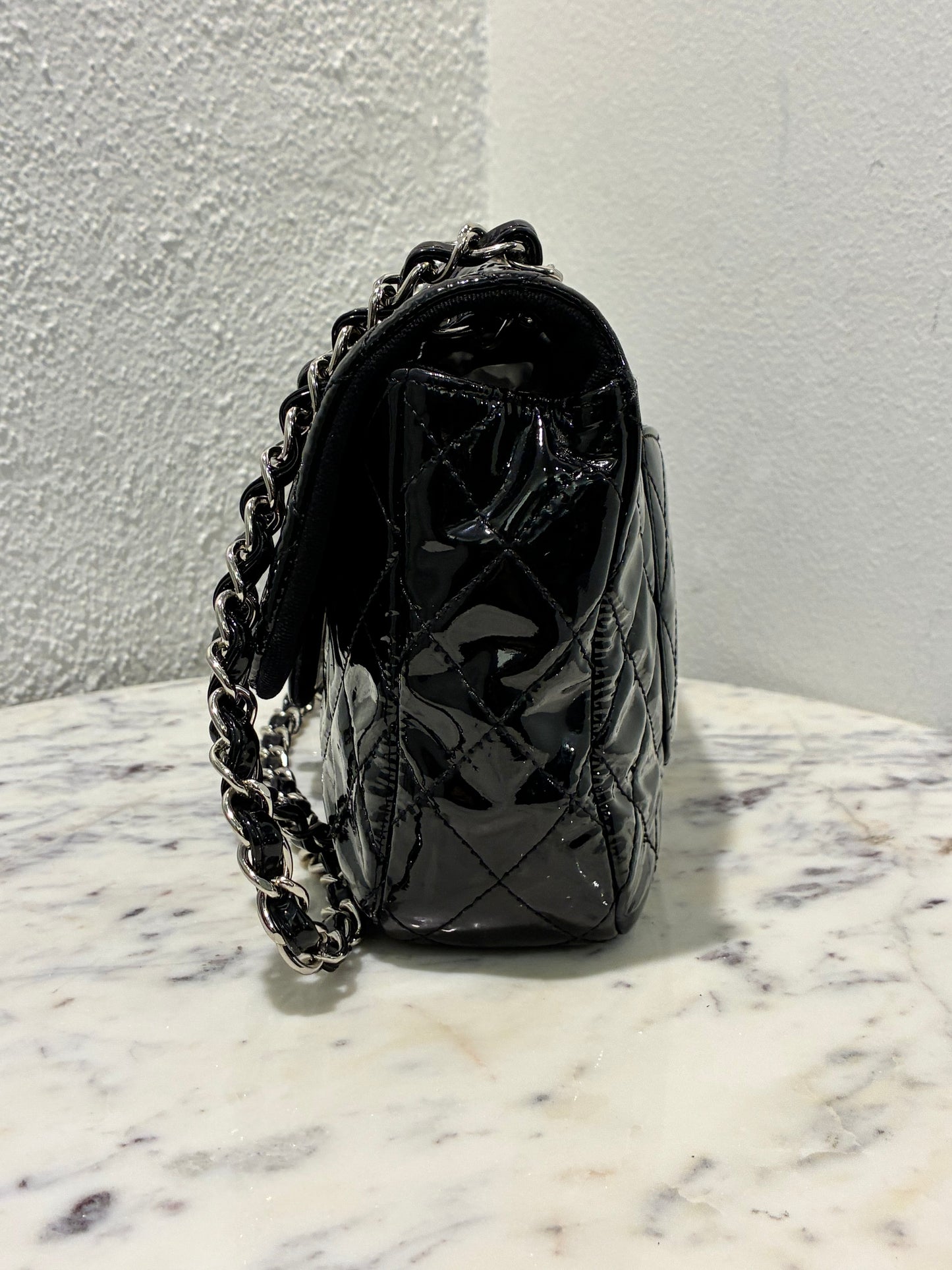 Chanel Medium Single Flap – Black Patent Leather & Silver Hardware