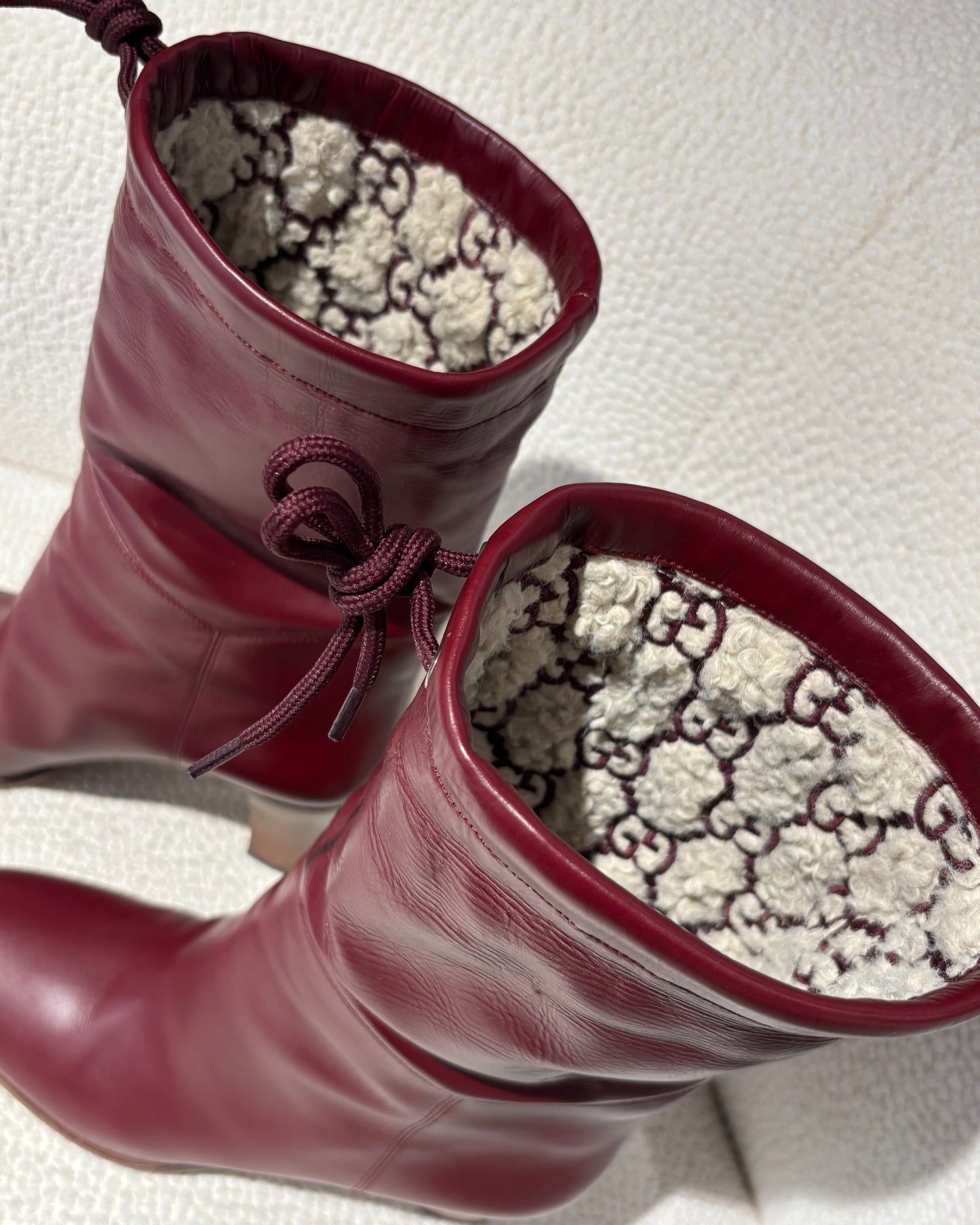 Gucci Boots – Bordeaux Leather & Faux Fur Monogram – EU 41
