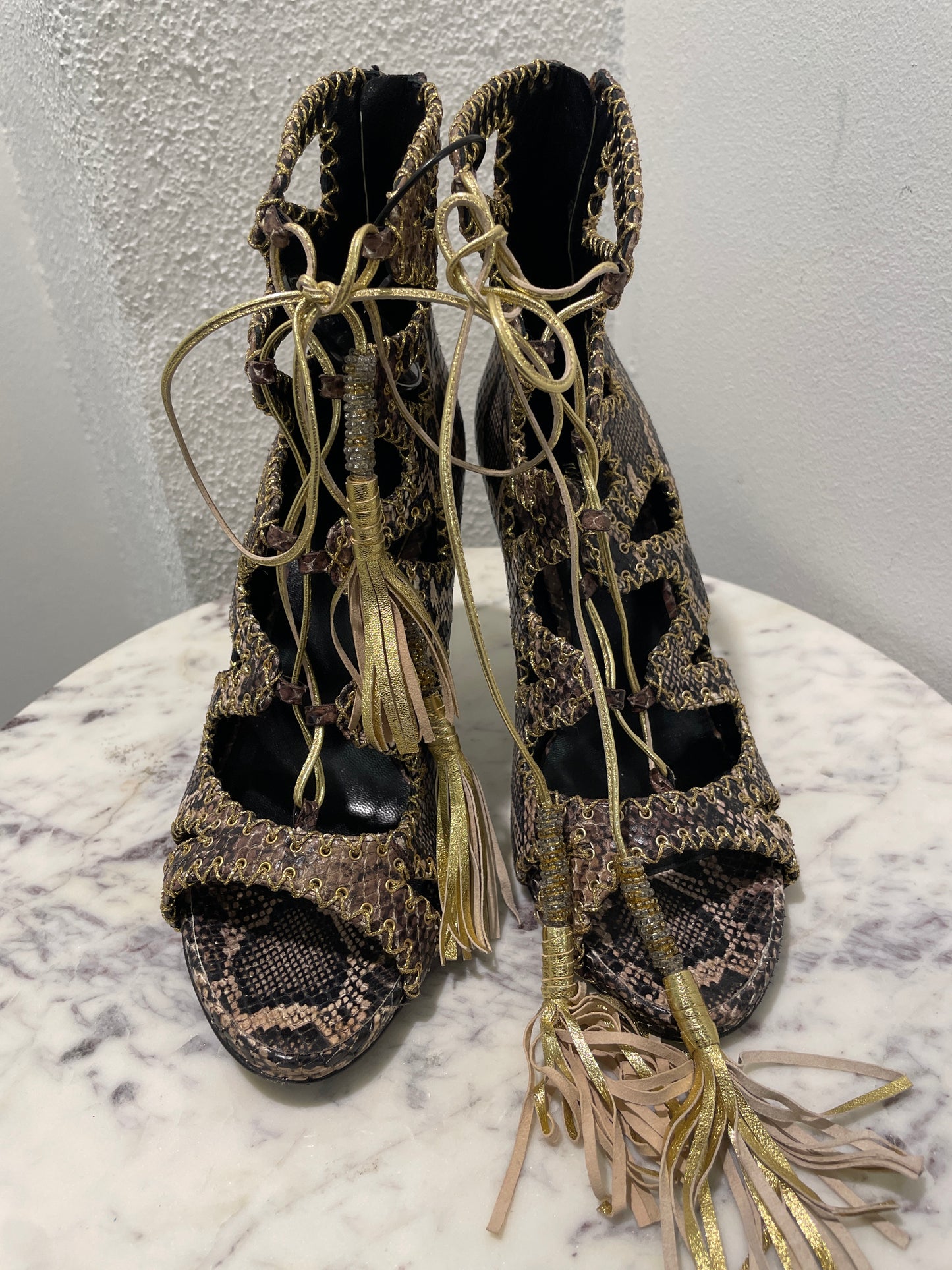 Roberto Cavalli Snakeskin Print Open-Toe Lace-Up Booties with Gold Tassels - 39