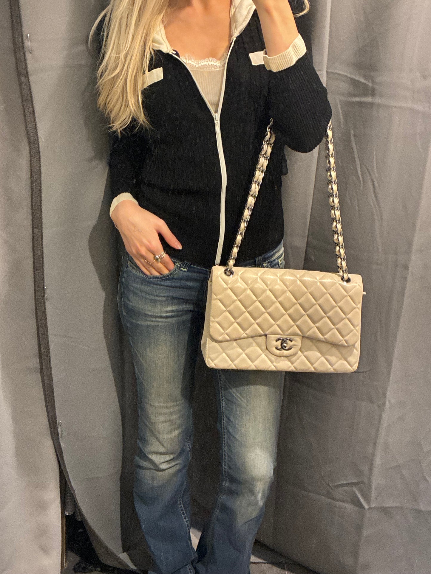 Chanel Classic Double Flap – Jumbo - Beige Lambskin & Dark Silver Hardware