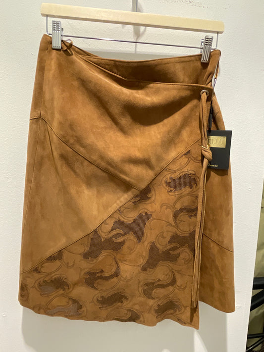 Brand New Camel Suede Laser-Cut Wrap Mini Skirt - EU40