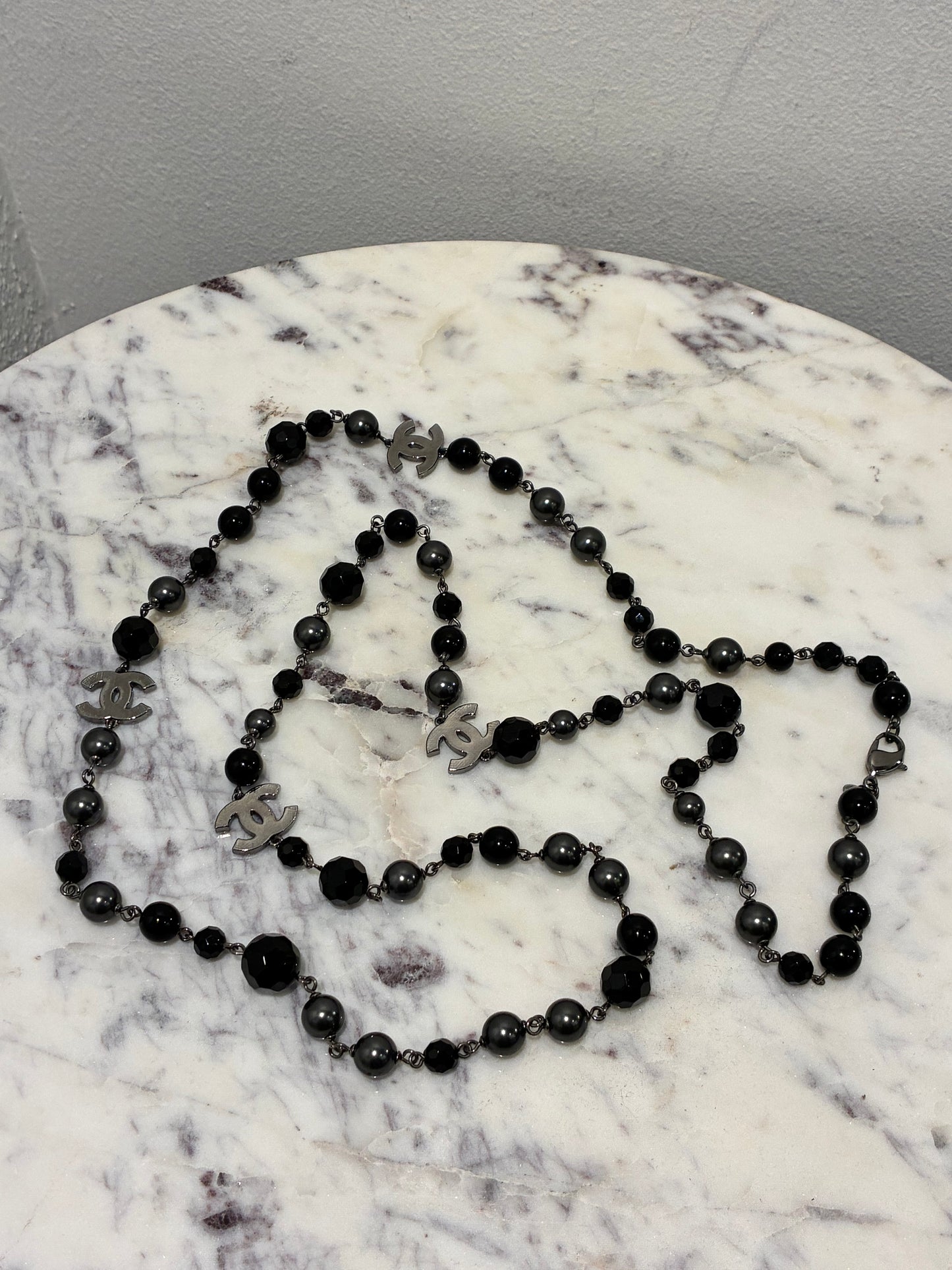 Chanel Beaded Necklace – Black Pearls & Oxidised Silver Logos