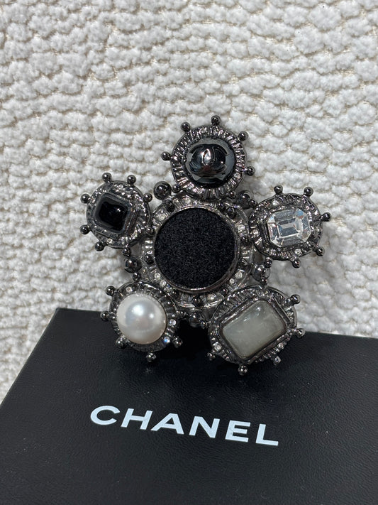 Chanel Brooch – Silver Metal with Stones, Pearl & Bouclé Detail