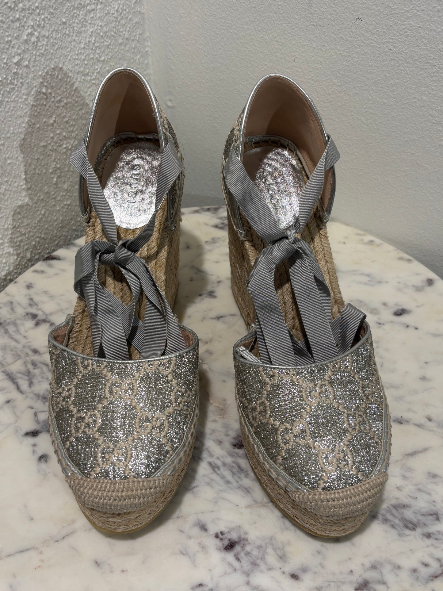 Gucci Wedge Sandals - Silver Monogram - EU 40