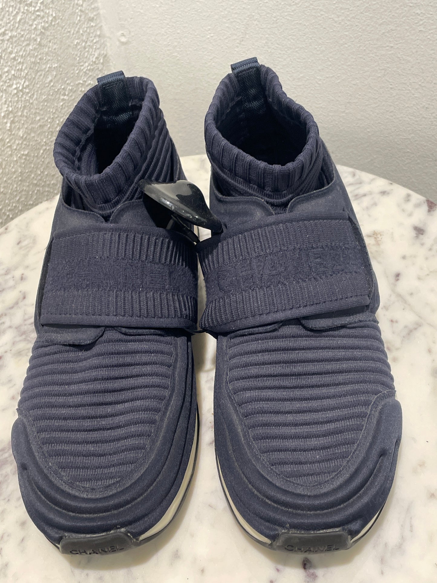 Chanel Navy Blue Knit High-Top Sock Sneakers - 38